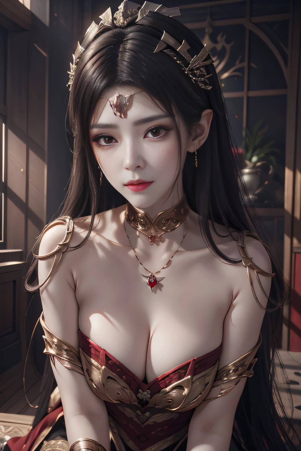 tmasterpiece，Light makeup，Redlip，Long silver messy hair，Wipe the forehead headdress，gracefulness，elegance。ultra fine detailed，Works of masters，Authentic texture，Cinematic lighting realism，perfect works，8k，k hd，Delicate facial features，plumw，Hyper-realism