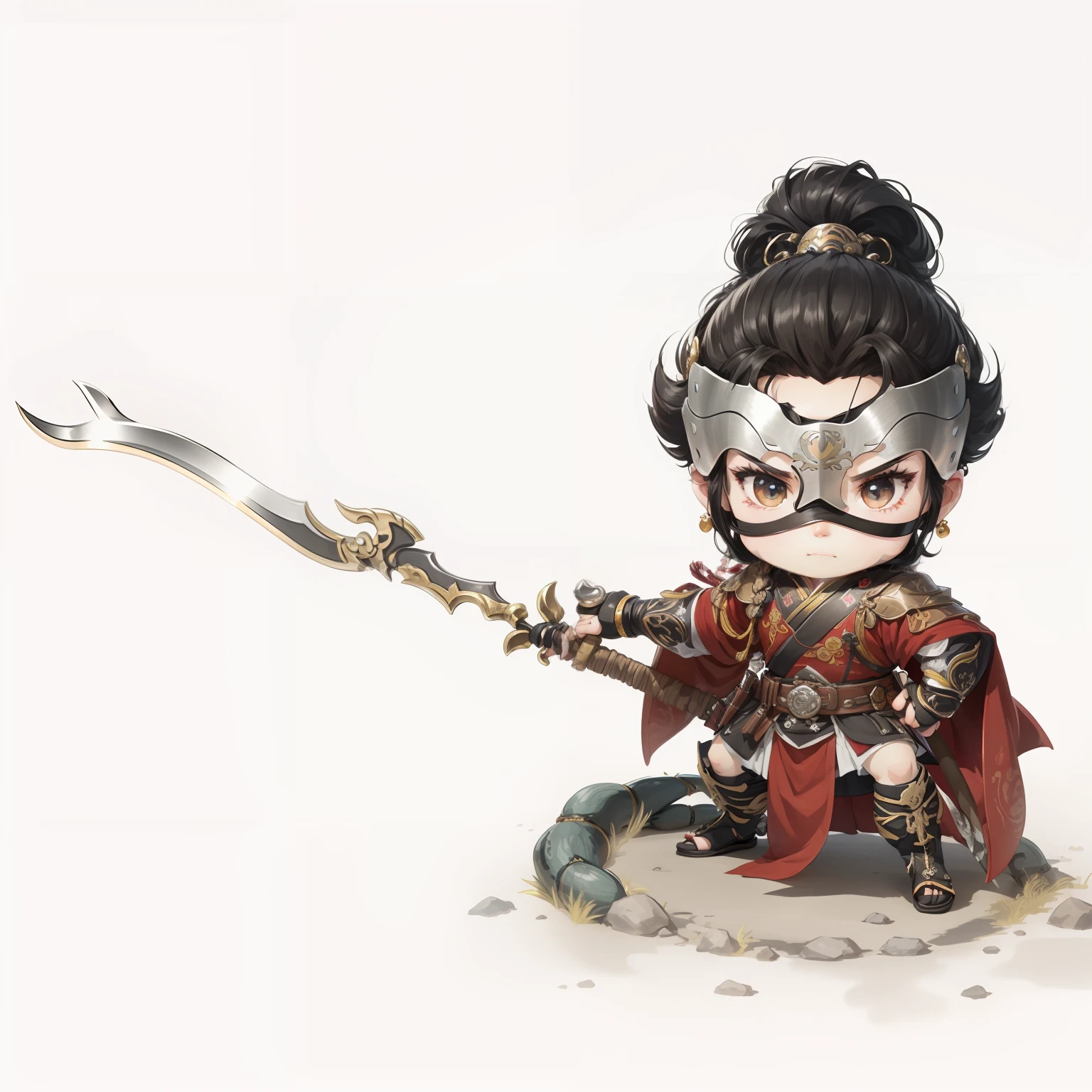 male people,Male characters,Chibi anime characters,Q layout,Bad,Eight snake spears,Spear weapons,China-style,Chinese-style clothing,Chinese shoes,There are beautiful patterns on the weapon grips,Refinement,Fine painting,Refinement,infinite details,high definition detail,Delicate belt,Belt accessories,Male characters,Blindfolds,Black color hair,Patterned,Pattern,Blank background,Bright colors,Metal edging