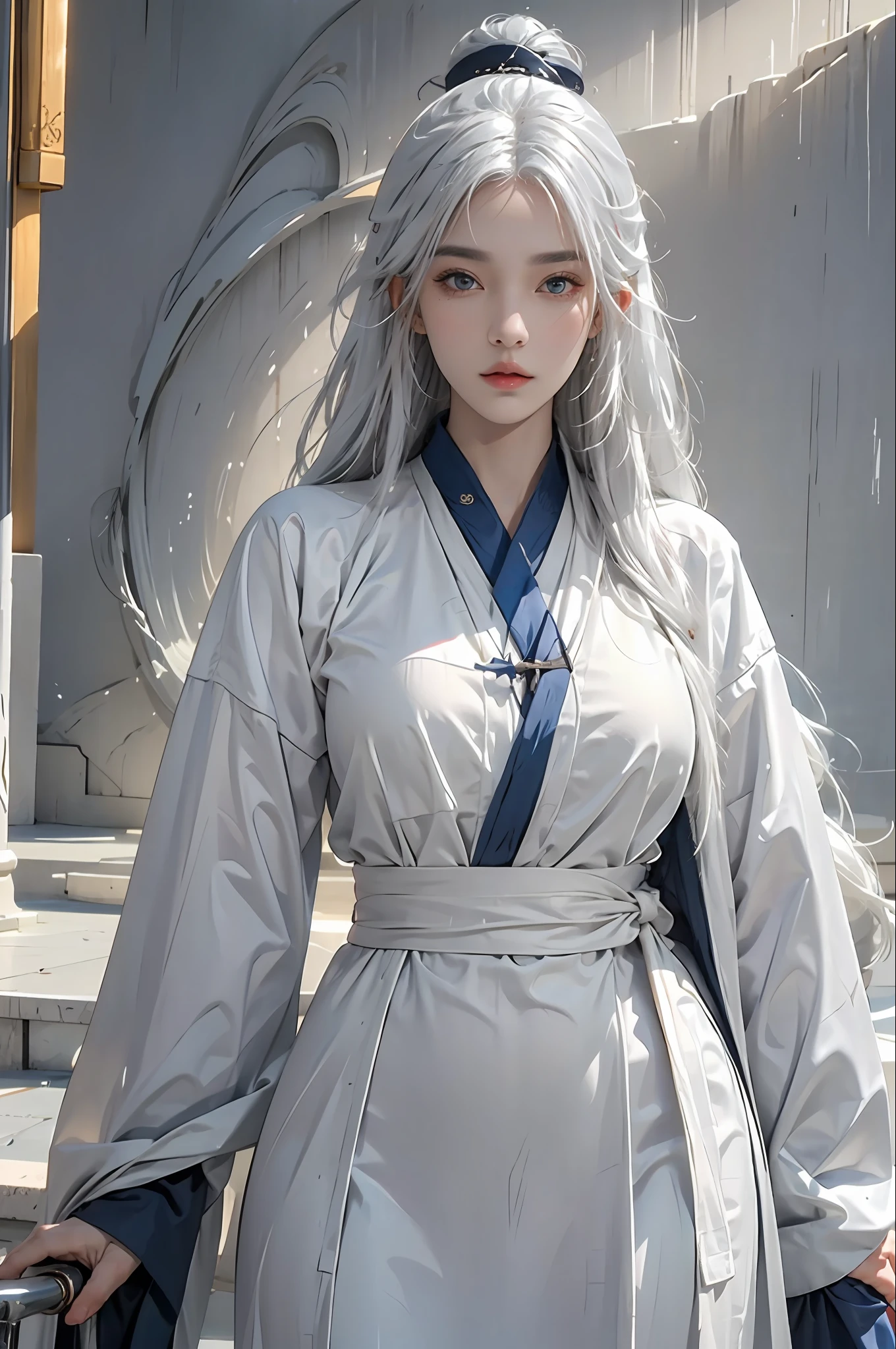 photorealistic, high resolution, 1women, solo, hips up, look at viewer, (detailed face), white hair, long hair, blue Taoist robe,oversized clothes