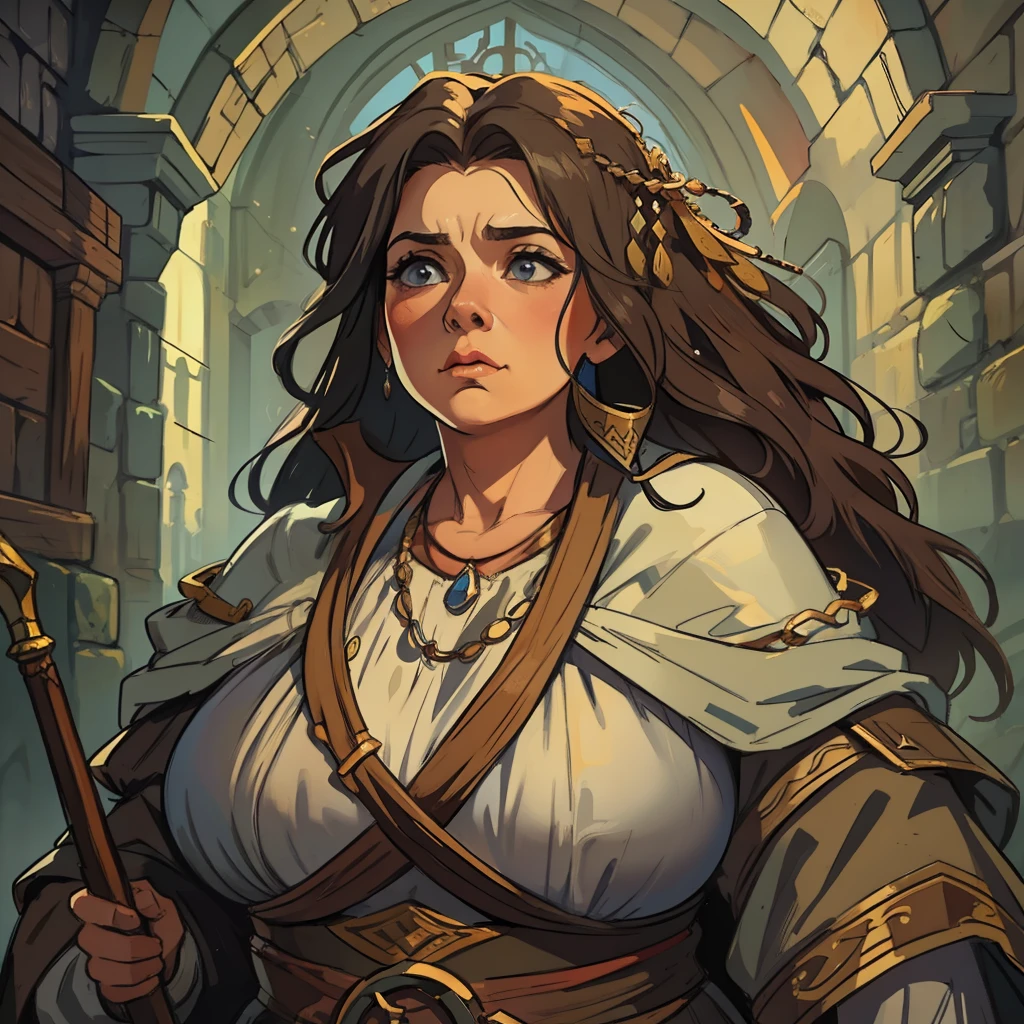 Uma linda mulher plus size com belos e cabelos brancos idosa 50 anos,e is a poor woman for RPG character in an expressive medieval art and beautiful an RPG art, Uma arte de RPG de arte medieval;
