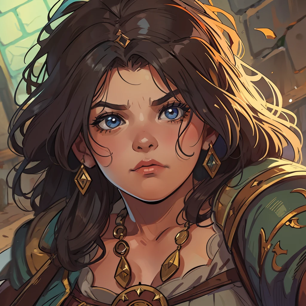 Uma linda mulher plus size com belos seios e cabelos amarelados dourados, she is a poor woman for RPG character in an expressive medieval art and beautiful an RPG art, Uma arte de RPG de arte medieval;