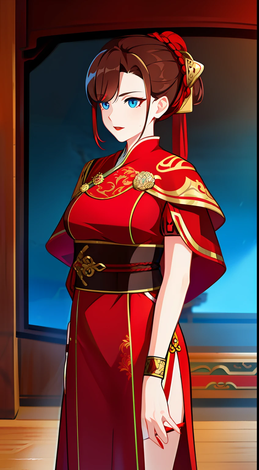 Adult woman, brown hair in bun, dragon horns, blue eyes, red chinese dress, cloak, spear, dragon, Gold inserts, red lipstick, Masterpiece, hiquality