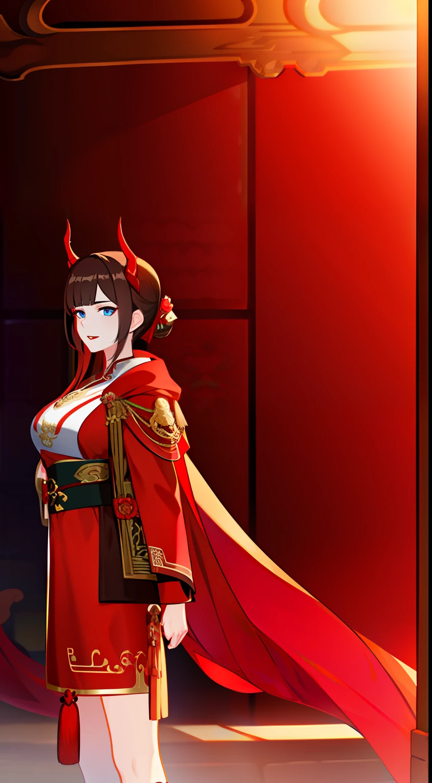 Adult woman, brown hair in bun, dragon horns, blue eyes, red chinese dress, cloak, spear, dragon, Gold inserts, red lipstick, Masterpiece, hiquality