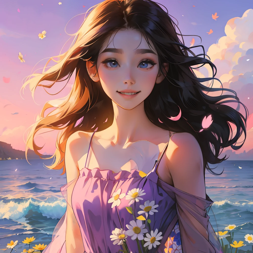 A girl with long hair,Wearing a blue slip dress,There is a small daisy print on the clothes,smiling and looking into the camera。She stood by the sea,The hair is blown by the wind,The background is a pink-purple sky。Please draw this scene in Miyazaki's style。