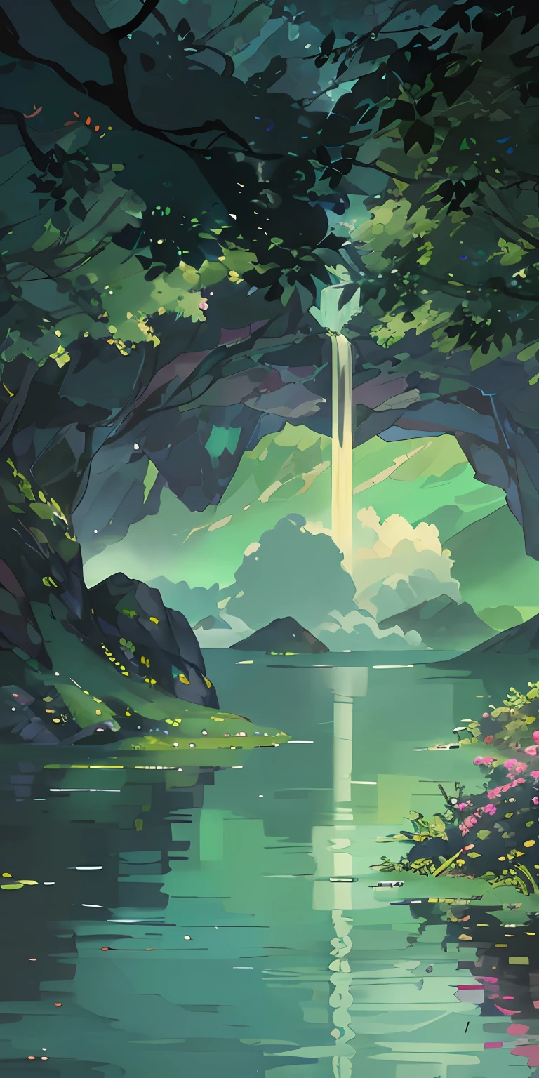 springtime, ln the forest, lake, speleothems, tree, Rochas, hot onsen, vapour, (illustratio: 1.0), Epic composition, Lifelike lighting, HD details, tmasterpiece, best qualityer, (The is very detailed的 CG unified 8k 壁纸)