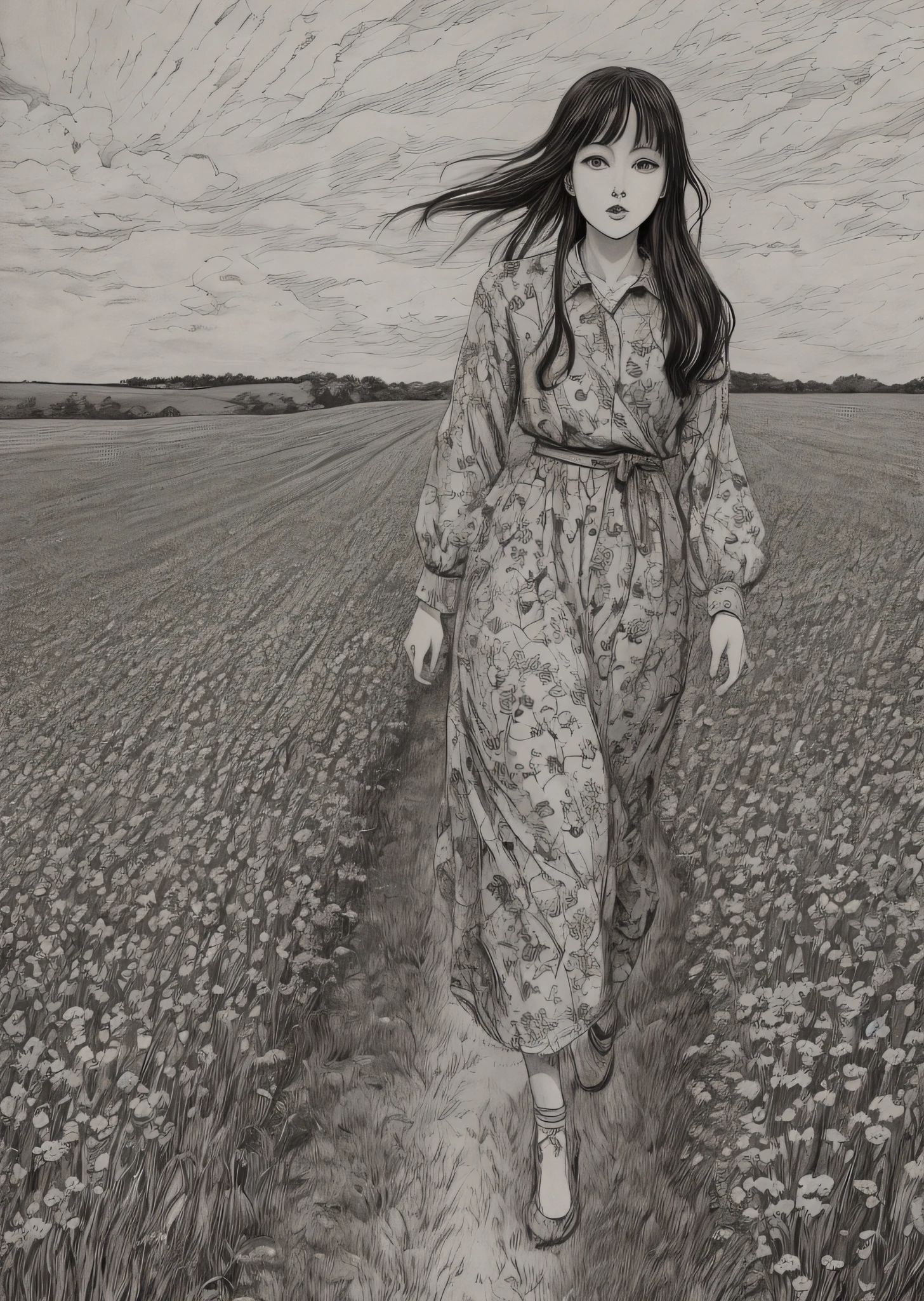 Draw a woman walking in a field,The background is a cross, junji ito artwork, pencil and ink manga drawing, ito junji art, subtle junji ito, pencil and ink manga, in style of junji ito, Inspired by Junji Ito, ink manga drawing, author:Yuki Ogura, art style of junji ito
