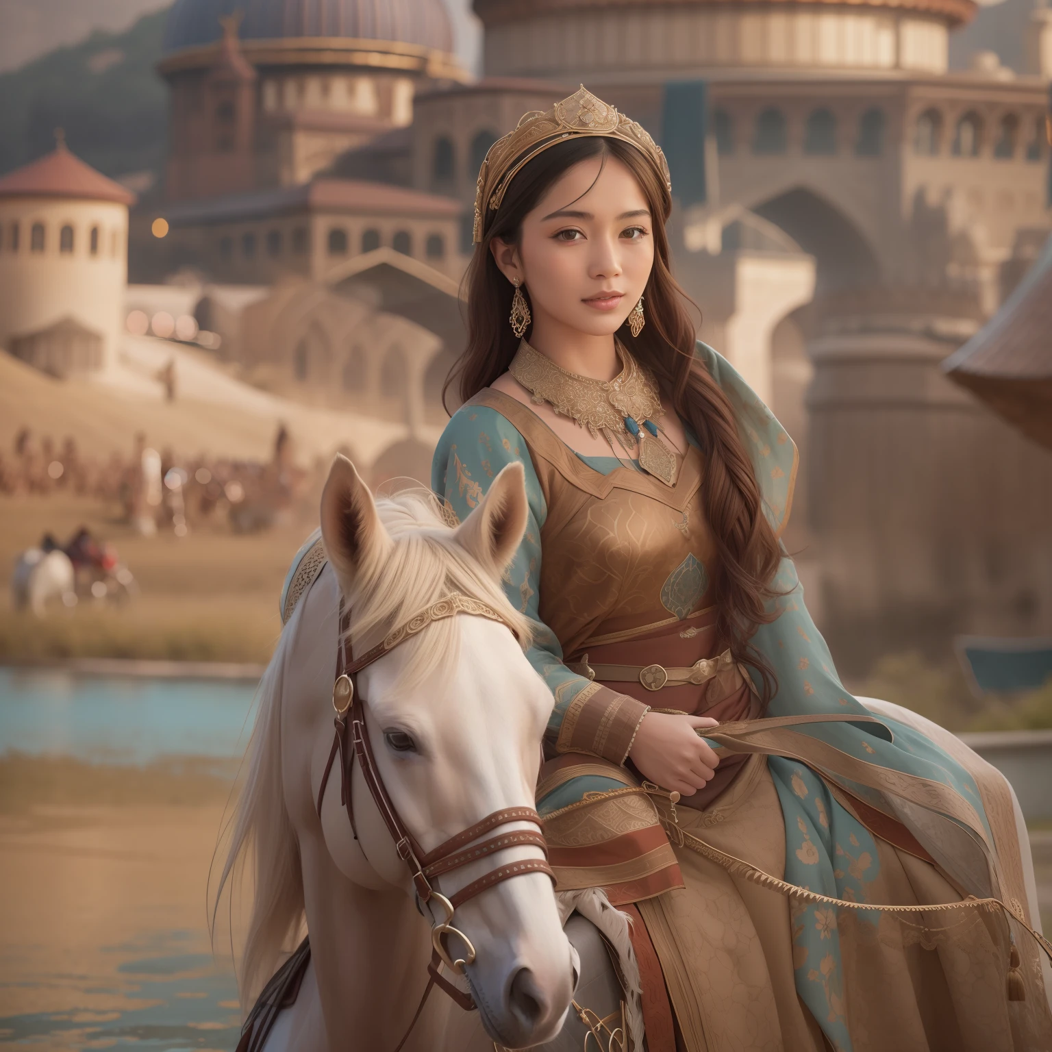 Ethnic attire of medieval Central Asia,Cityscape of Medieval Central Asia,Dynamic horses,Undulating lakes,Outstanding smile, Break 4K, (Raw photo: 1.2), (Realism: 1.4), (masutepiece: 1.3), (exquisite detailing: 1.2), Delicate and beautiful details, (Eye Detail), (Facial Detailed), (Highest Quality) :1.4), (Hyper-Resolution: 1.2),(very detailed illustration), Best Quality, depth of fields, Wide light, natural shadows