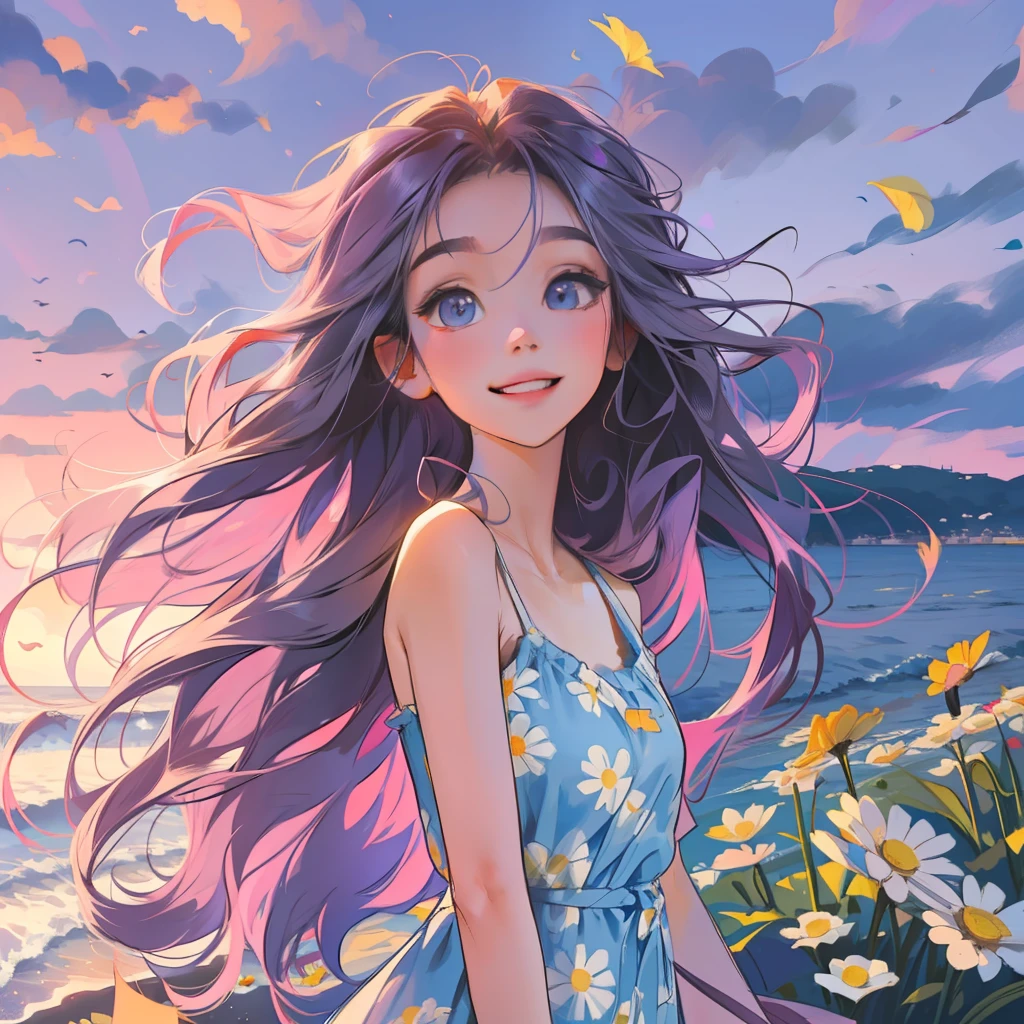 A girl with long hair,Wearing a blue slip dress,There is a small daisy print on the clothes,smiling and looking into the camera。She stood by the sea,The hair is blown by the wind,The background is a pink-purple sky。Please draw this scene in Miyazaki's style。