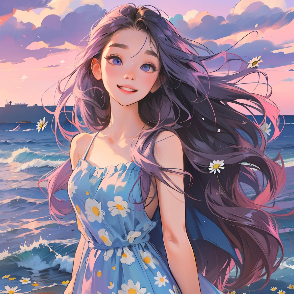 A girl with long hair,Wearing a blue slip dress,There is a small daisy print on the clothes,smiling and looking into the camera。She stood by the sea,The hair is blown by the wind,The background is a pink-purple sky。Please draw this scene in Miyazaki's style。