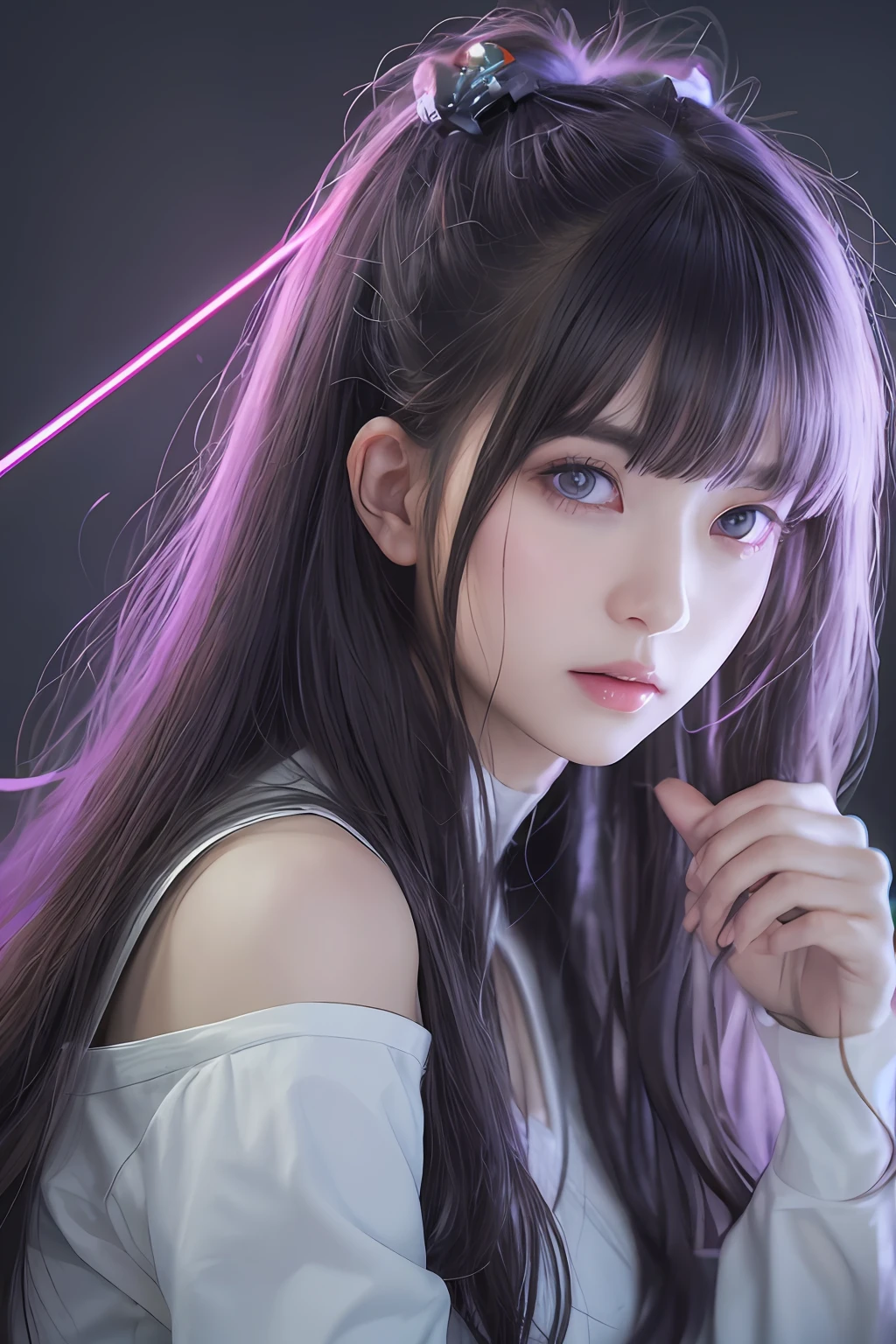 top-quality、masterpiece、超A high resolution、(Photorealsitic:1.4)、Raw photo、女の子1人、13years、Black hair、glowy skin、((super realistic details))、portlate、globalillumination、Shadow、octan render、8K、ultrasharp、Colossal tits、White sailor suit、highly intricate detail、Realistic light、CGSoation Trends、a purple eye、radiant eyes、Facing the camera、neon details、sitting on、Futuristic hair ornament、Gundam、Small LED lamp、Purple neon lighting、