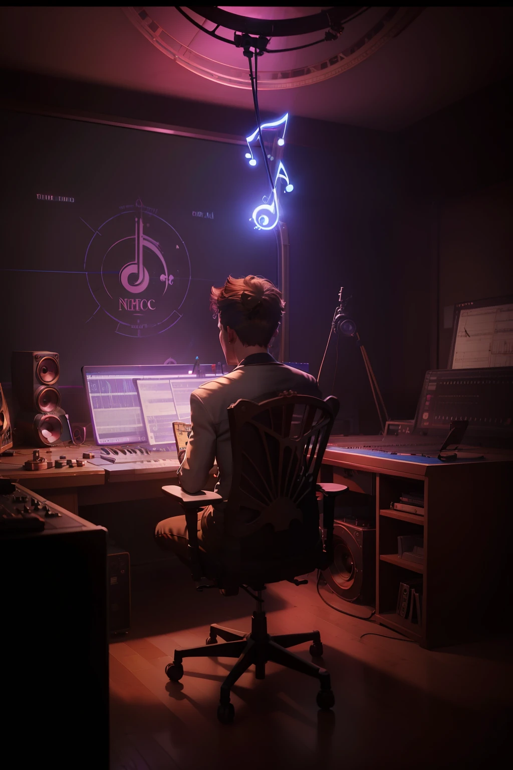 Music studio,The logo of the abnormal note,A treble clef,Exudes an aura of supernatural energy,The boy sits in the middle of the studio with his back to the camera