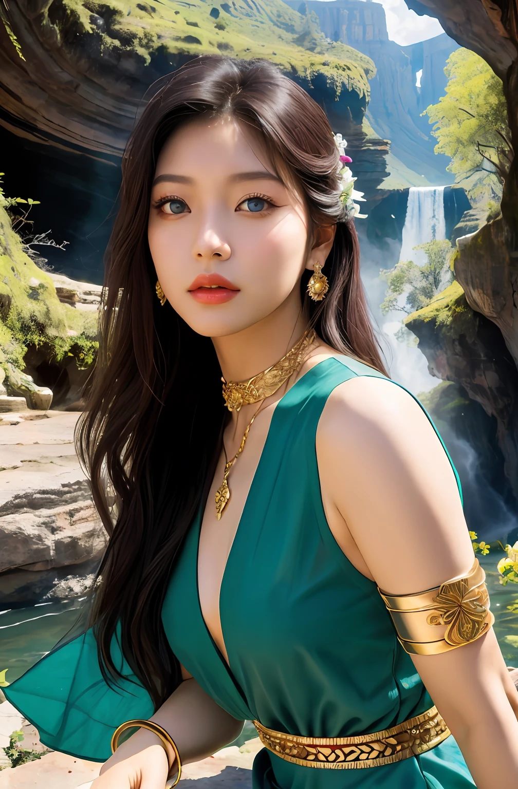 ((Realistic:1.5)),Ulzzang-6500:1.4,((Best quality)), ((Masterpiece)),((Detailed)),2girls,duo,{2 beautiful women}, (Upper body:1.3),Hug and touch each other, Tease your friend's waist, Breathless friends, Biting a friend's earlobe, crouched,super wide shot,Face focus, Long legs,Curvy, Barefoot,Wide hips, Thin legs, Oversized eyes,Long eyelashes, (Detailed face,beautidful eyes, detailedpupils,detailed clothes features, Clear background:1.3), (armlets, bangle:1.3), Mysterious ancient ruins, floresta exuberante, Deep canyon,bridge,River,cliff,Cloud,lakes,Rock music,Waterfalls, Flowers, Grass,grape trees,tree,bright detail,Sharp,Perfect compounding, Intricate, Sharp focus, Dramatic,