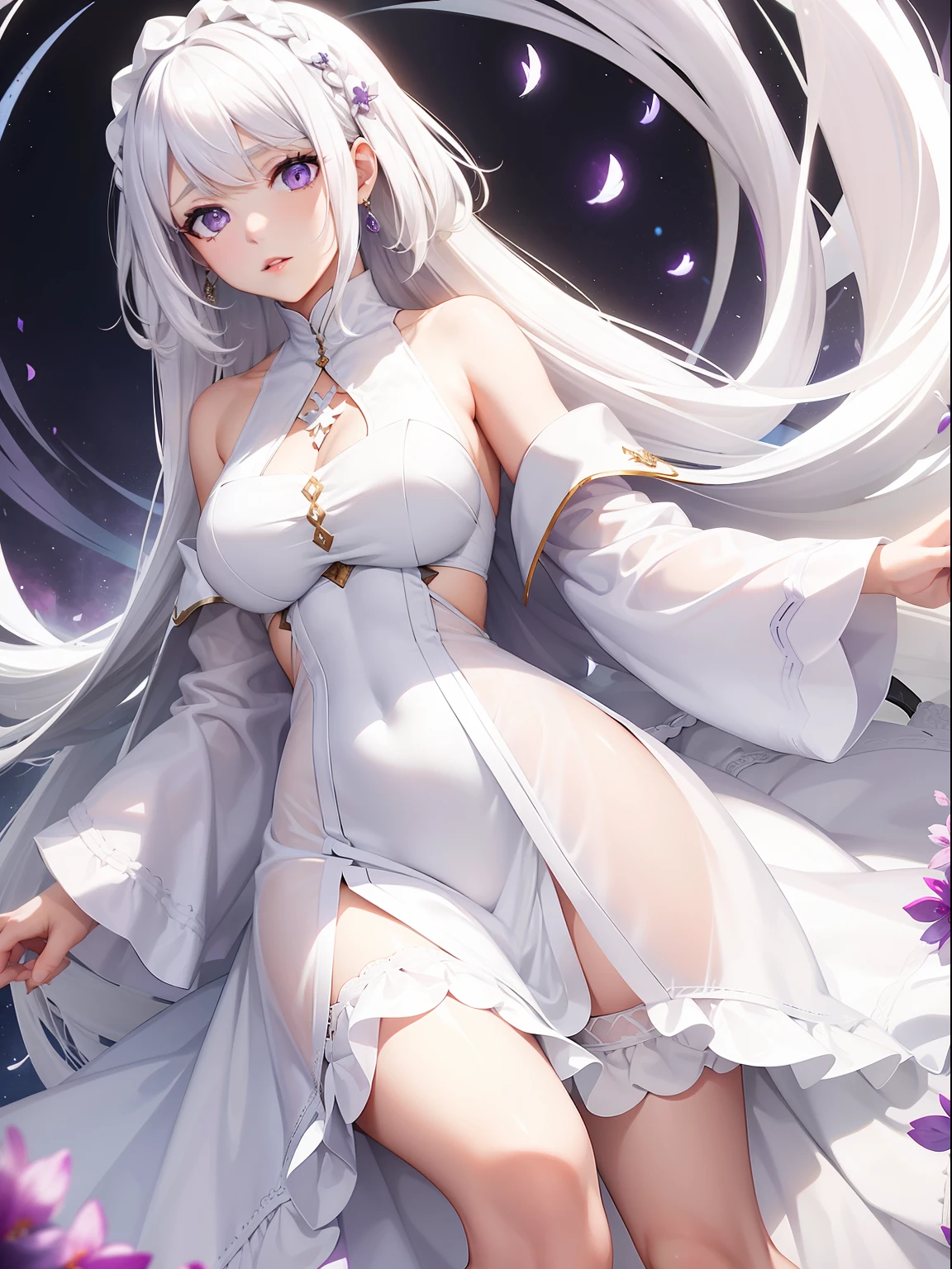 a women, white hair, purple eyes, white dress