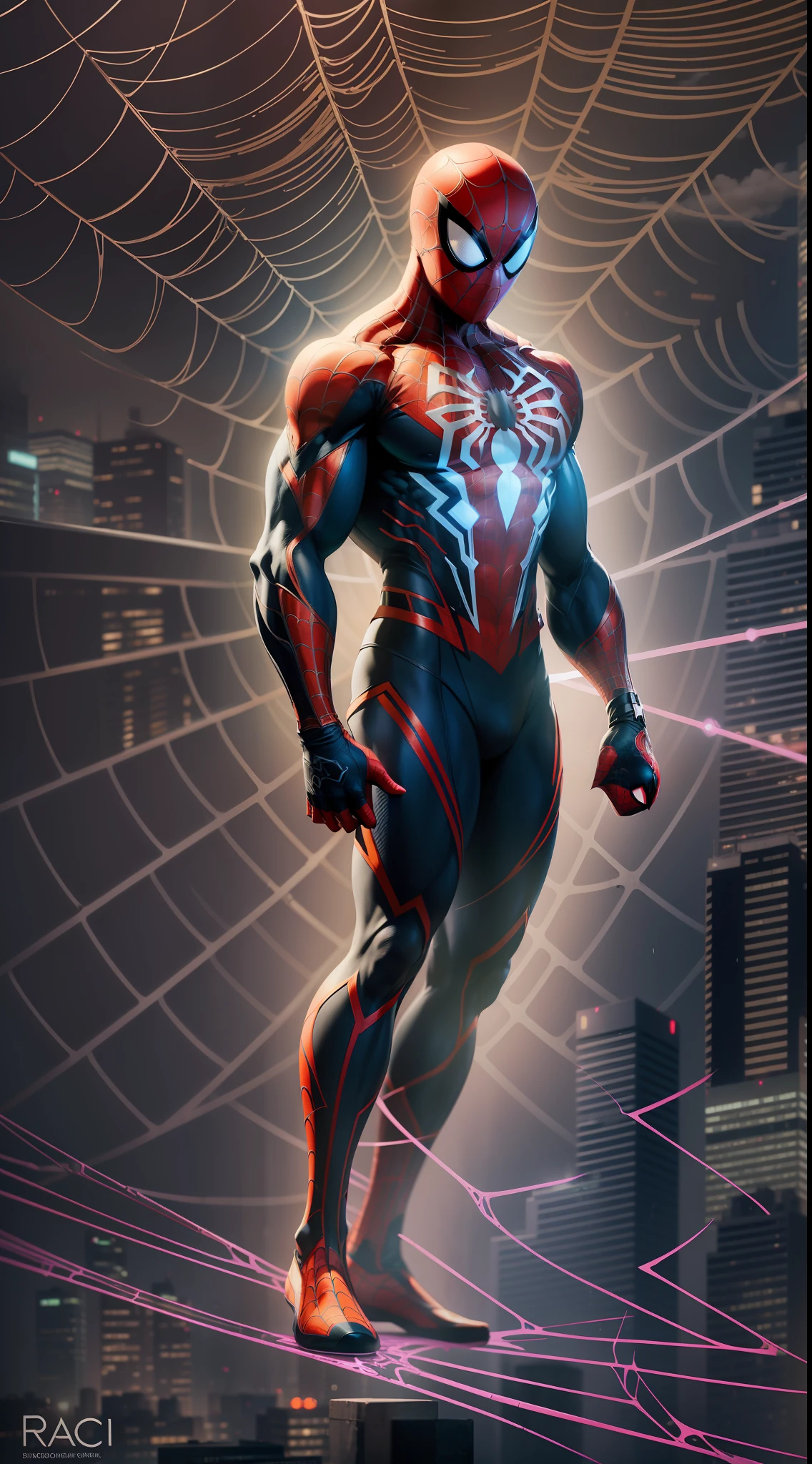 Stunning illustration of Spider-Man in its powerful enhanced version shows a muscular and toned physique, with a tech suit that glows with light lines and bright spider patterns. Se alza en medio de una ciudad en crisis, rodeado de rascacielos iluminados y un cielo nocturno lleno de luces destellantes. Hetera lighting.(Dark lighting, primer plano