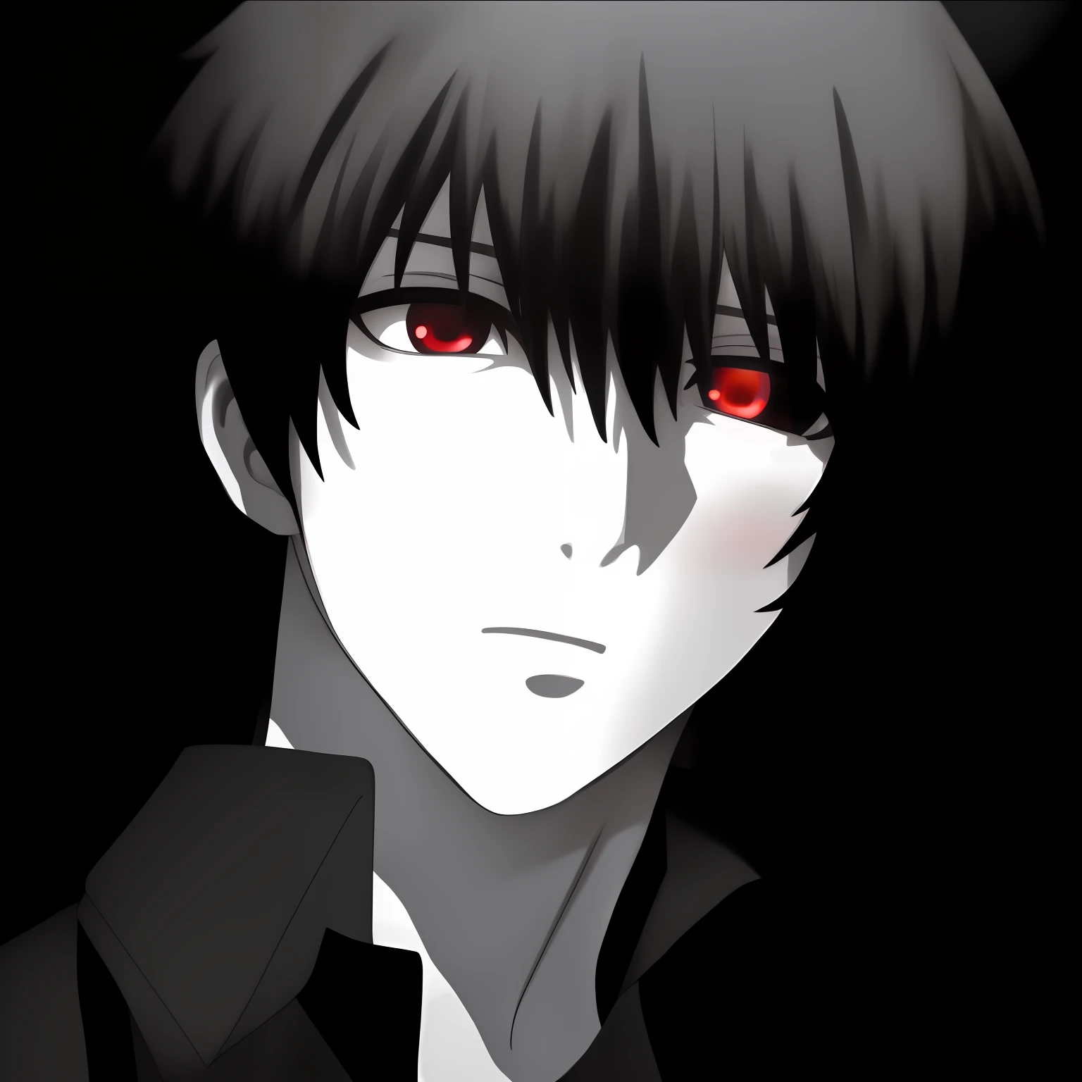 Close-up of a man with red eyes and a black shirt, with red glowing eyes, with glowing red eyes, fully red eyes no pupils, His eyes were red，with light glowing, his eyes are bleeding intense, yagami light, fully red eyes, his eyes glowing red, large red eyes!!!, red eyes glowing, gapmoe yandere grimdark