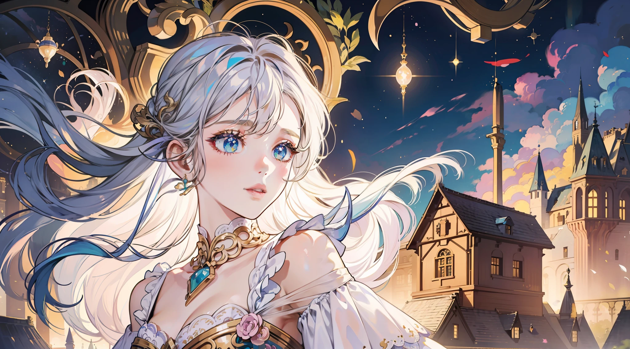 masterpiece, best quality, 8k resolution, sharp focus, intricate detail, beautiful girl, sparkling eyes, golden ratio face, otherworldly liquid, watercolor, ((pastel colors)), bright colors, whimsical, colorful, sharp focus, high resolution, fine detail, intricately detailed layered ballgown, ((round eyes)), iridescent bubbles, castle landscape in background