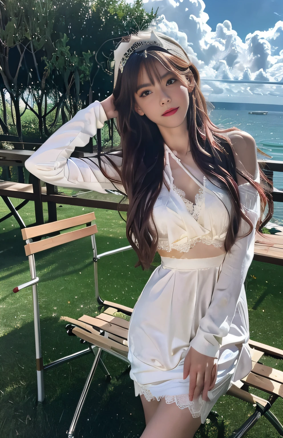 8k,Cinematic quality,best qualtiy, tmasterpiece, 超高分辨率, (realisticlying:1.4), RAW photogr,Slight smile, 1girll, White lace nightgown(More lace), ((smallunderboob)), cold light,dishiveredhair(long whitr hair),tall nose bridge,Wear a small headgear,outside,Beach by the sea,with blue sky and white clouds