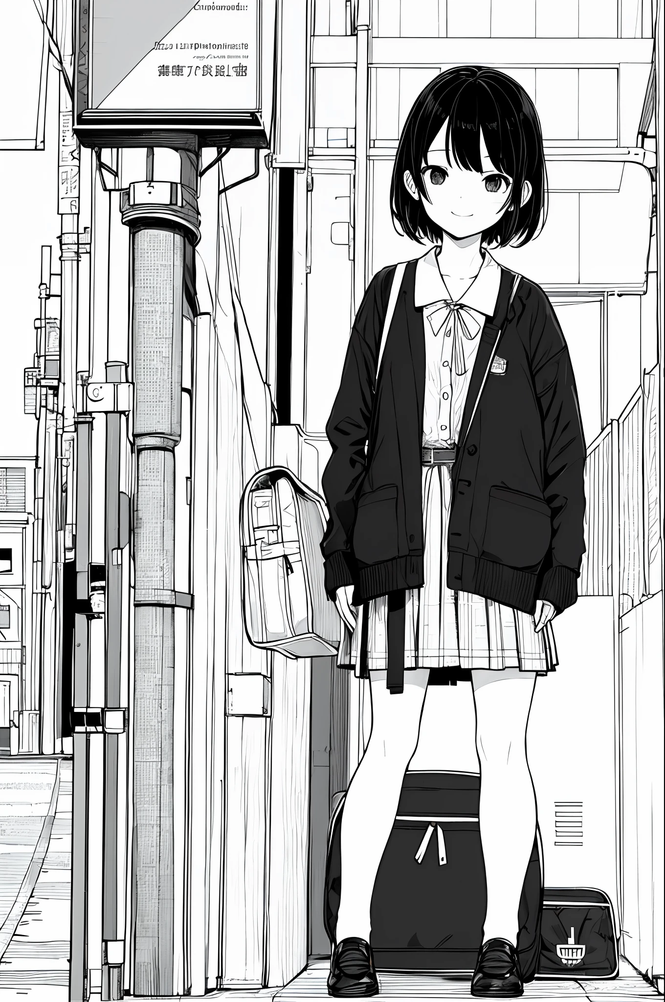 masterpiece, top-quality, 1girl in, 校服, A slight smil, a school bag, A dark-haired, Black eyes, cyberpunked, a street, monochromes, line-drawing