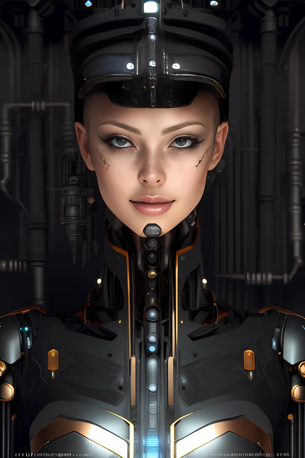 full body cyborg| full-length portrait| detailed face| symmetric| steampunk| cyberpunk| cyborg| intricate detailed| to scale| hyperrealistic| cinematic lighting| digital art| concept art| mdjrny-v4 style