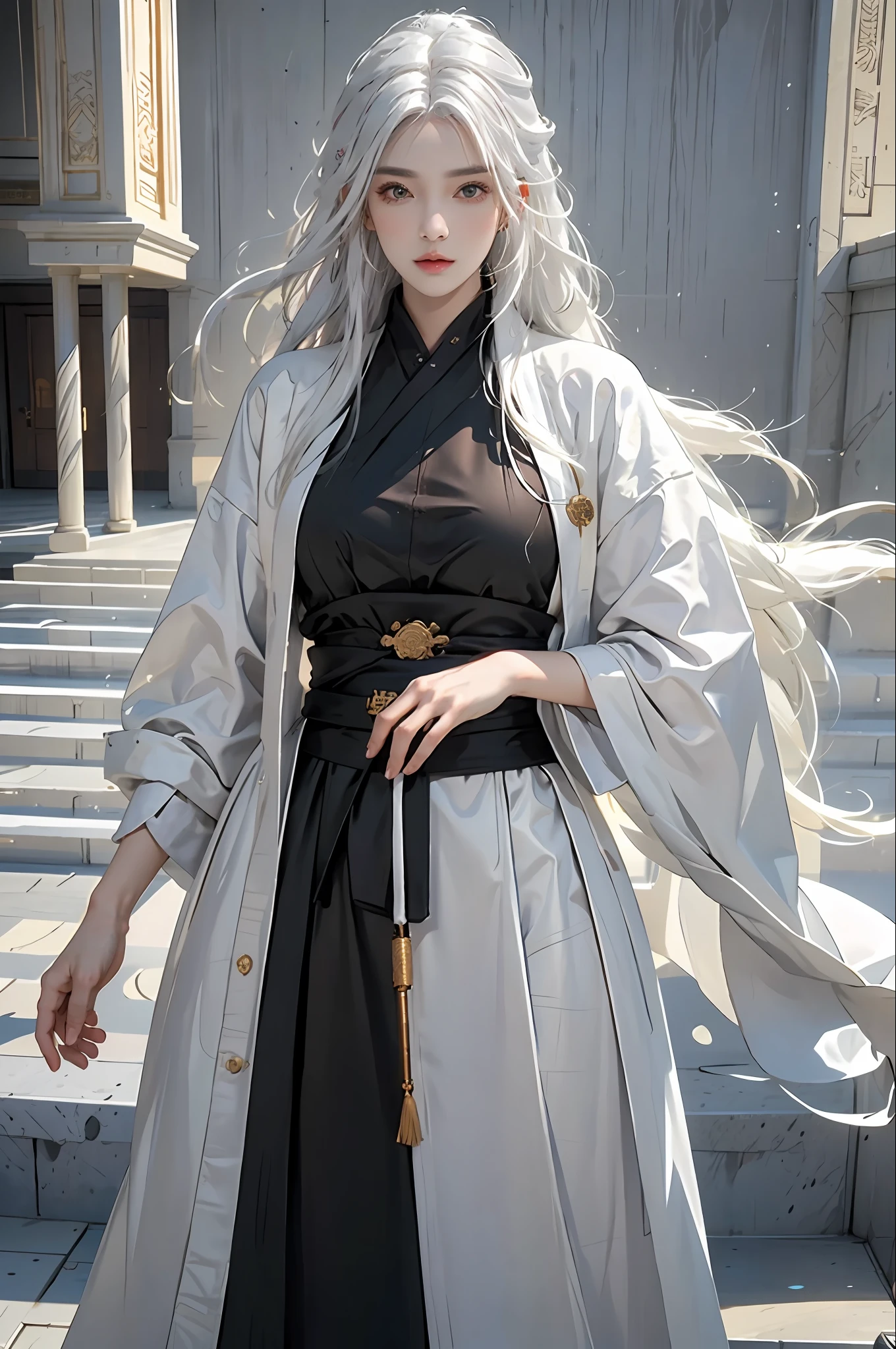 photorealistic, high resolution, 1women, solo, hips up, look at viewer, (detailed face), white hair, long hair, colorful Taoist robe,oversized clothes