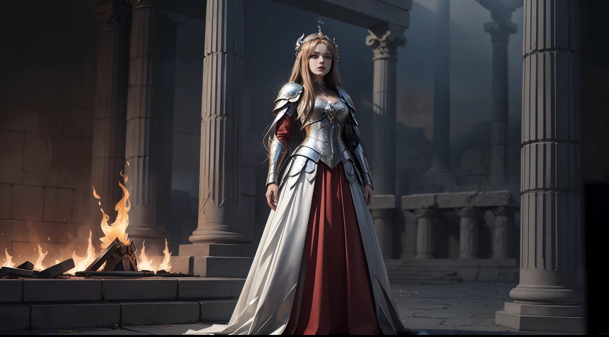 (Extremely detailed Cg Unity 8K wallpaper,Masterpiece, Best quality, Ultra-detailed, Beautiful detailed eyes:1.2),Best illumination, (Best shadow, An extremely delicate and beautiful, full bloom), 1girll,Solo,Large breasts，Heavy armor，complex patterns，Long hair,Holding a shield,Film filter, Hellfire,full bodyesbian,demon,Flame,Greek temple，dramatics，dynamicposes，illusory engine， (High detail: 1.9)，full body shot shot