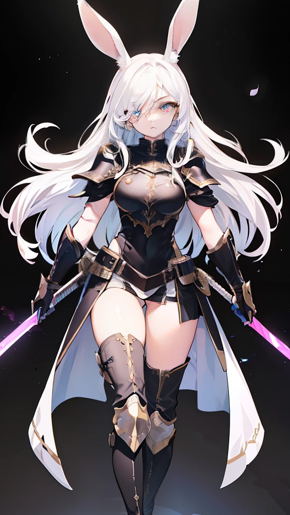 ((9:8 wide portrait)) highres, Adult female, ((detailed)), soft lighting, (color contrast), full body, Long white hair, brown eyes, rabbit ears, rabbit tail, fitted armor, medium breasts, brandishing a sword, on a battlefield, looking fierce, looking determined, detailed eyes, (eyes 1:2), cute, toned body, sexy body, ((armor, gloves, black_boots))