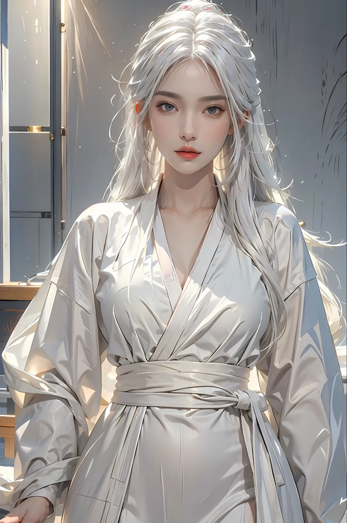 photorealistic, high resolution, 1women, solo, hips up, look at viewer, (detailed face), white hair, long hair, colorful Taoist robe,oversized clothes