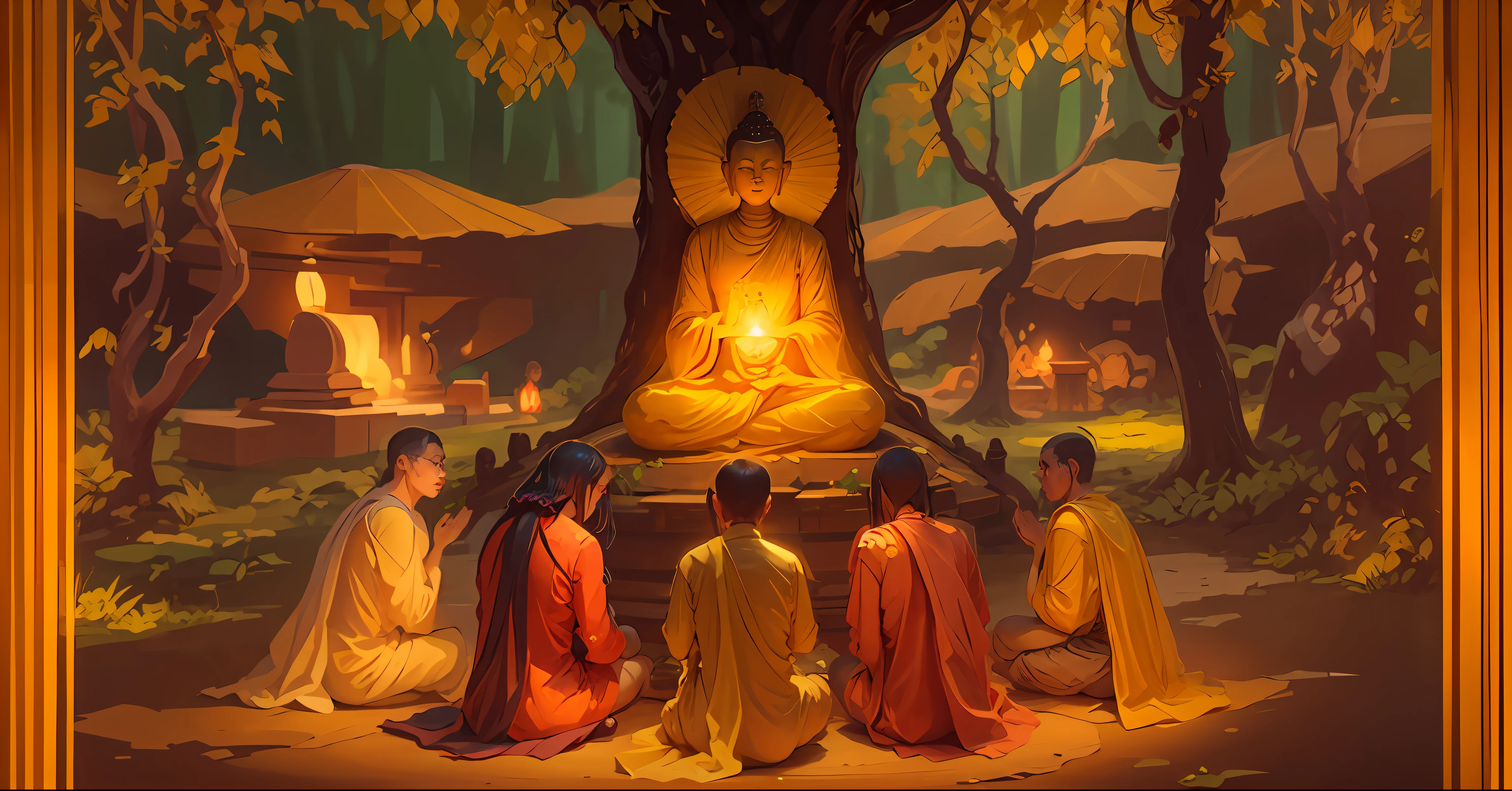 a group of people sitting around a buddha statue in the woods, buddhism, kuntilanak on bayan tree, buddhist, hindu stages of meditation, spiritual enlightenment, on path to enlightenment, golden sacred tree, collective consciousness, harmony of nature, meditation, on the path to enlightenment, enlightenment, beautiful image ever created, ritual in a forest, enlightening, beautiful depiction