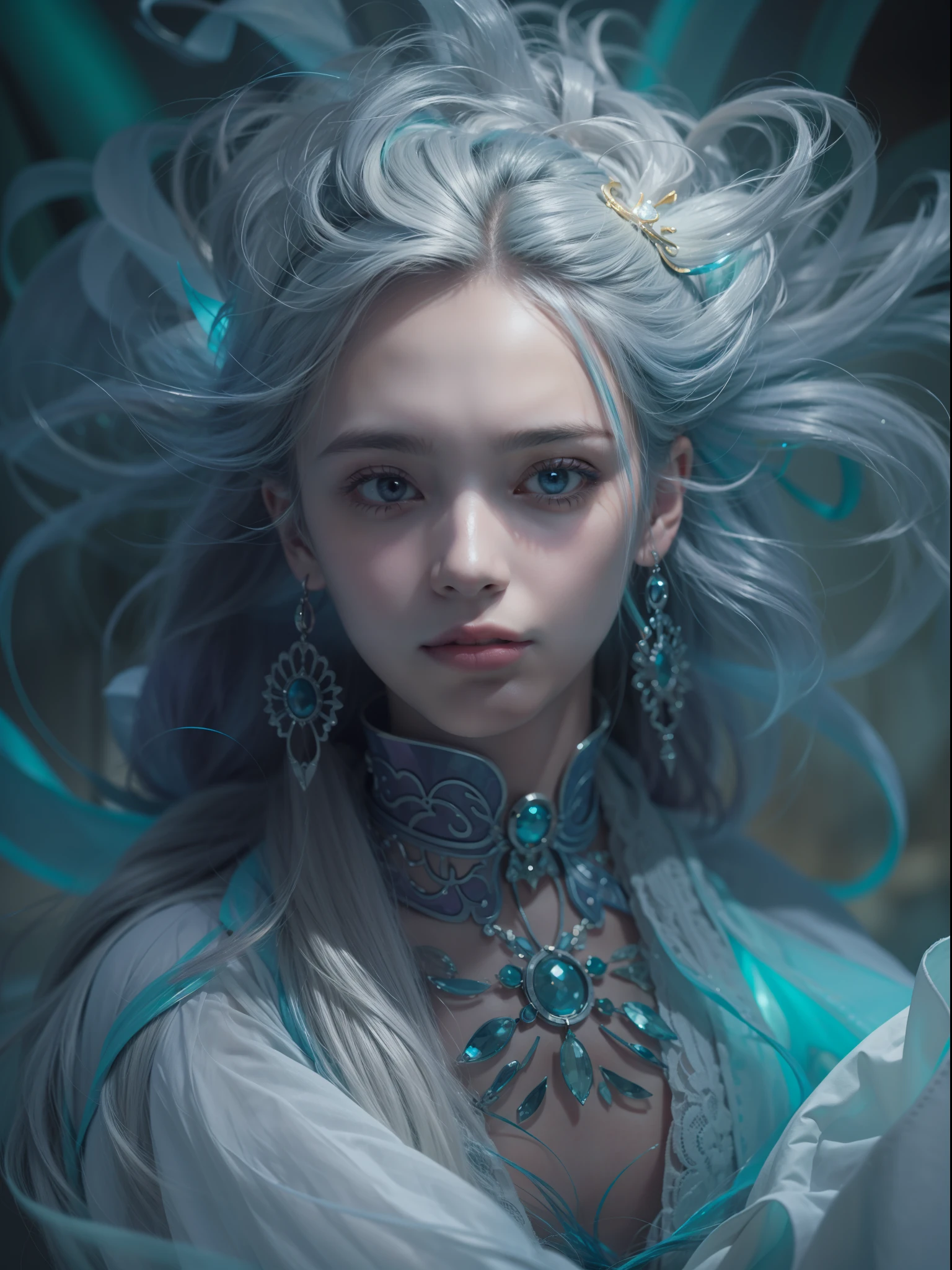 Picture quality:A masterpiece of high detail,8K,High-resolution body content:1girll,ar old,closeup of face, sideface,An evil smile on his face,Broad perspectives,wears a long robe,Glowing hair,Ink color fills the face like fireworks,The Ghost-colored Demon Wheel unfolded behind it,Behind him is the mysterious oversized purple chakra blue light,Countless glowing quicksand swirled around this figure,Mysterious top light,The feeling of being high,Background with:A dazzling paradise,enviroment:fanciful,Full of mystery,Bask in the breath of chaos,Hopeful,Divine piety,mystical ambiance:Mysterious and unknowable sense of light,Intense violet light,Magic beam,The fantasy of the future world is intertwined with reality,Color:Infused with ethereal hues and luminous turquoise hues,High purity color, composition:closeup cleavage,tilted angle,Wide angle style reference:Virtual Engine,The magical texture of the ghost spark,Chaotic real world