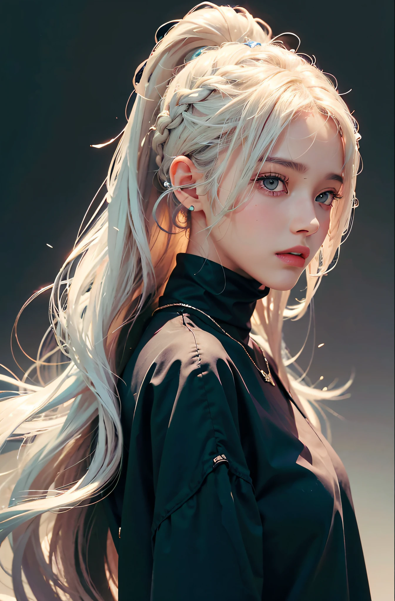 A 21-year-old female,(high-top fade:1.3),long whitr hair,dark themes,soothing tones,pastel colour,hight contrast,(Natural skin texture,ultra-realistic realism,the soft light,Sharp)4k