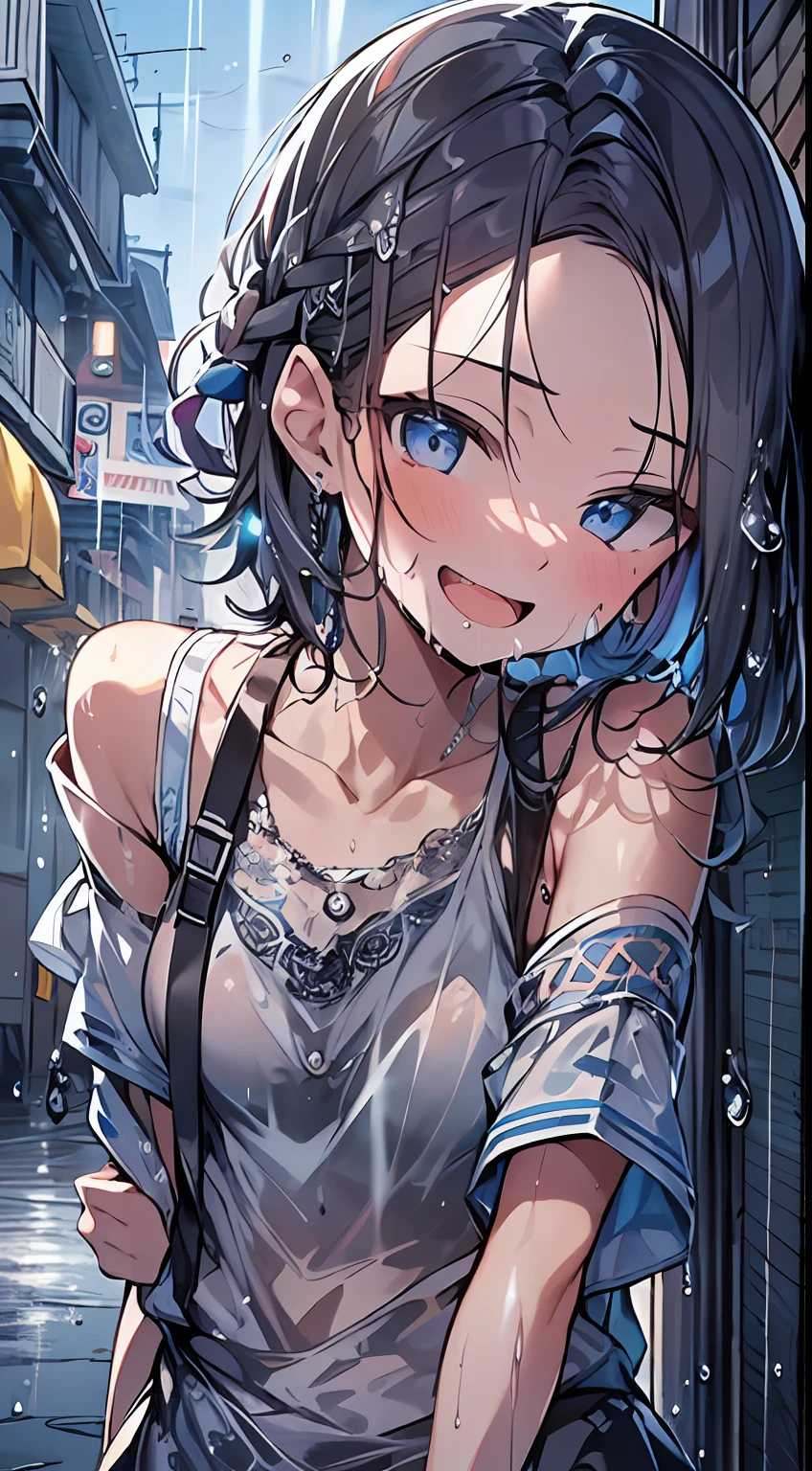 masutepiece, Best Quality,Illustration, Wallpaper, Ultra Detail, absurderes, 1girl in, Solo, (Medium short hair、short braided hair), Beautiful detailed eyes, rainfall、water dripping、wetting hair , Sheer clothes, (Street:1.5), Cloudy sky、Laughing、kirakira