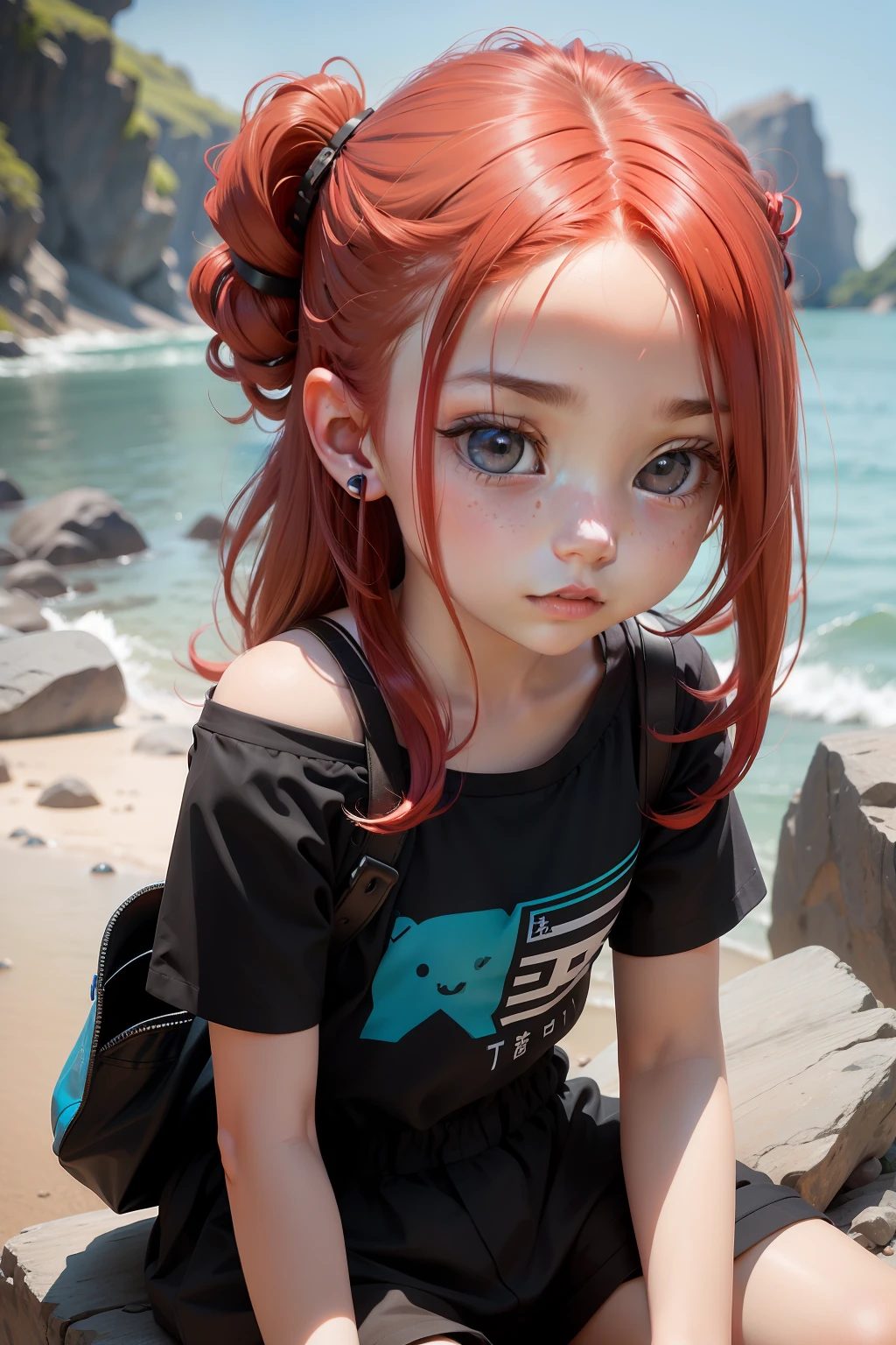 Blind box toy style,A cute little girl,red tinted hair,Shoulder-length hair of medium length,Happy,Black pupils,Light blue clean background,Sit on a rock,avatar close up,looking at viewert。