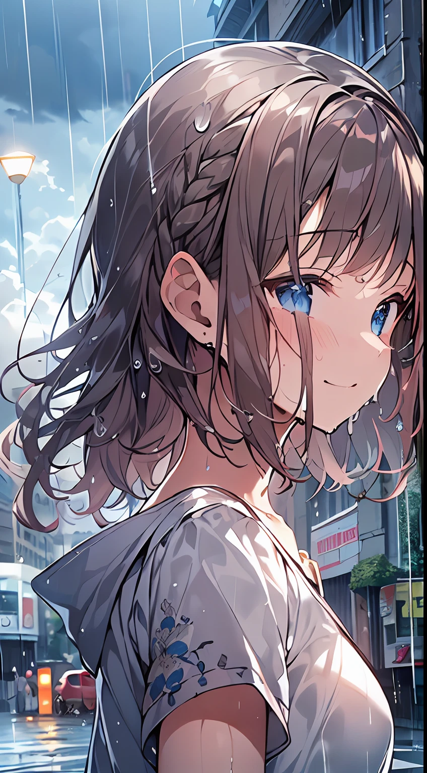 masutepiece, Best Quality,Illustration, Wallpaper, Ultra Detail, absurderes, 1girl in, Solo, (Medium short hair、short braided hair), Beautiful detailed eyes, rainfall、water dripping、wetting hair , Looking to the side, (Street:1.5), Cloudy sky、Laughing、kirakira