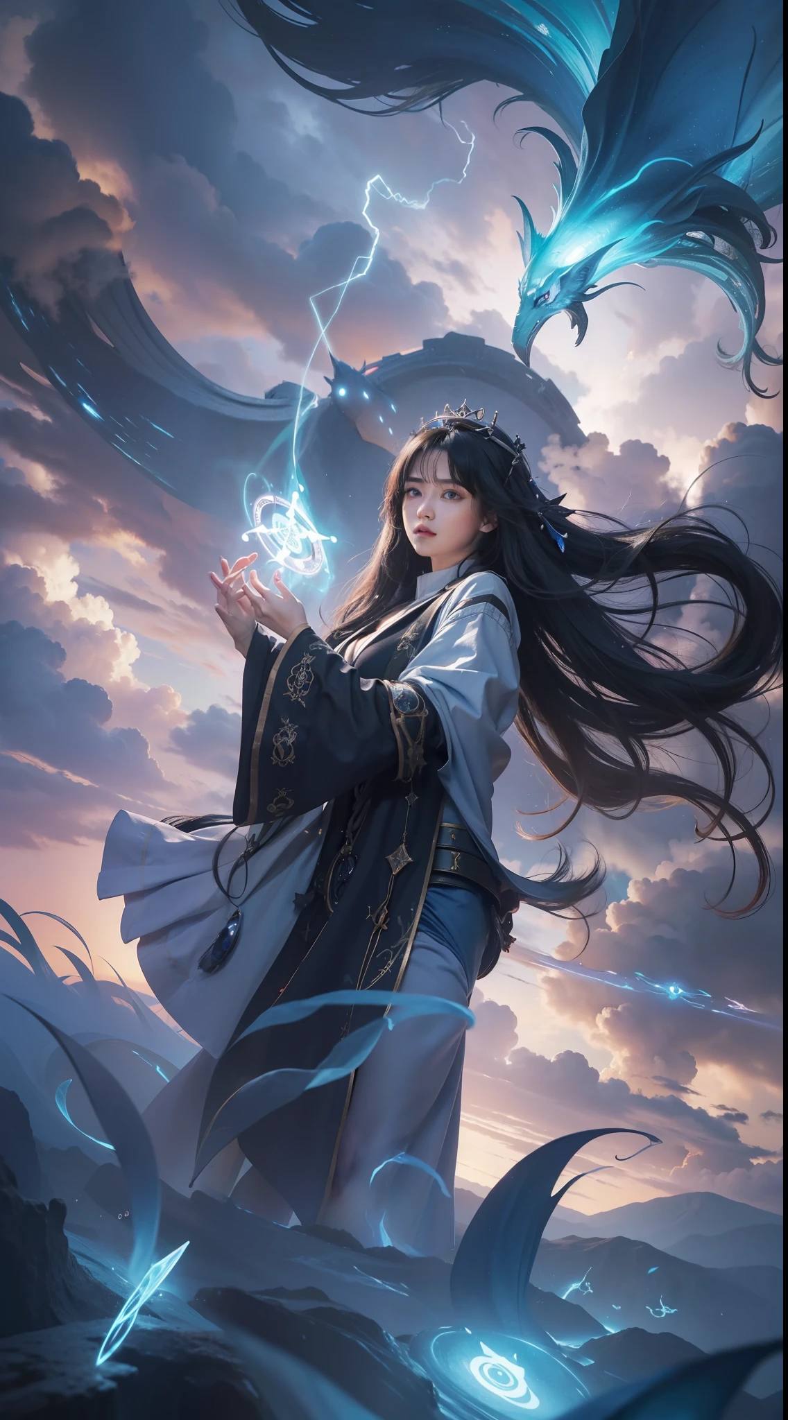 Above the rising clouds,Night, Dark, (Fantasy),infinite,deep blue sky,The abyss of knowledge,Cowledge,((masutepiece)), (((Best Quality))),((Beautiful fine eyes)),(Eye lashes)、Realistic clouds、Very beautiful face、The ultra -The high-definition、beautiful  Girl、(女の子1人)、Black hair、The long-haired、abyss eyes、glowy skin、oils、small tits、Perfect human body structure、Wizard robes、der riese、tattered cloth、Realistic coat、Teenchi、Super delicate CG Unity 32k wallpaper、photoRealstic、​masterpiece, ((ultra-detailliert)), ((illustratio)),colourfull,wall-paper,The energy,Unknown terror,Incomprehensible,Around the magic,Magical surroundings,magic wands,Boken,Flying pages,Know everything,Predict the future、Get to know the past、Infinite wisdom、blue flames、Warlock、magic circles、Pentagram、Spells、mantra、Singing magic