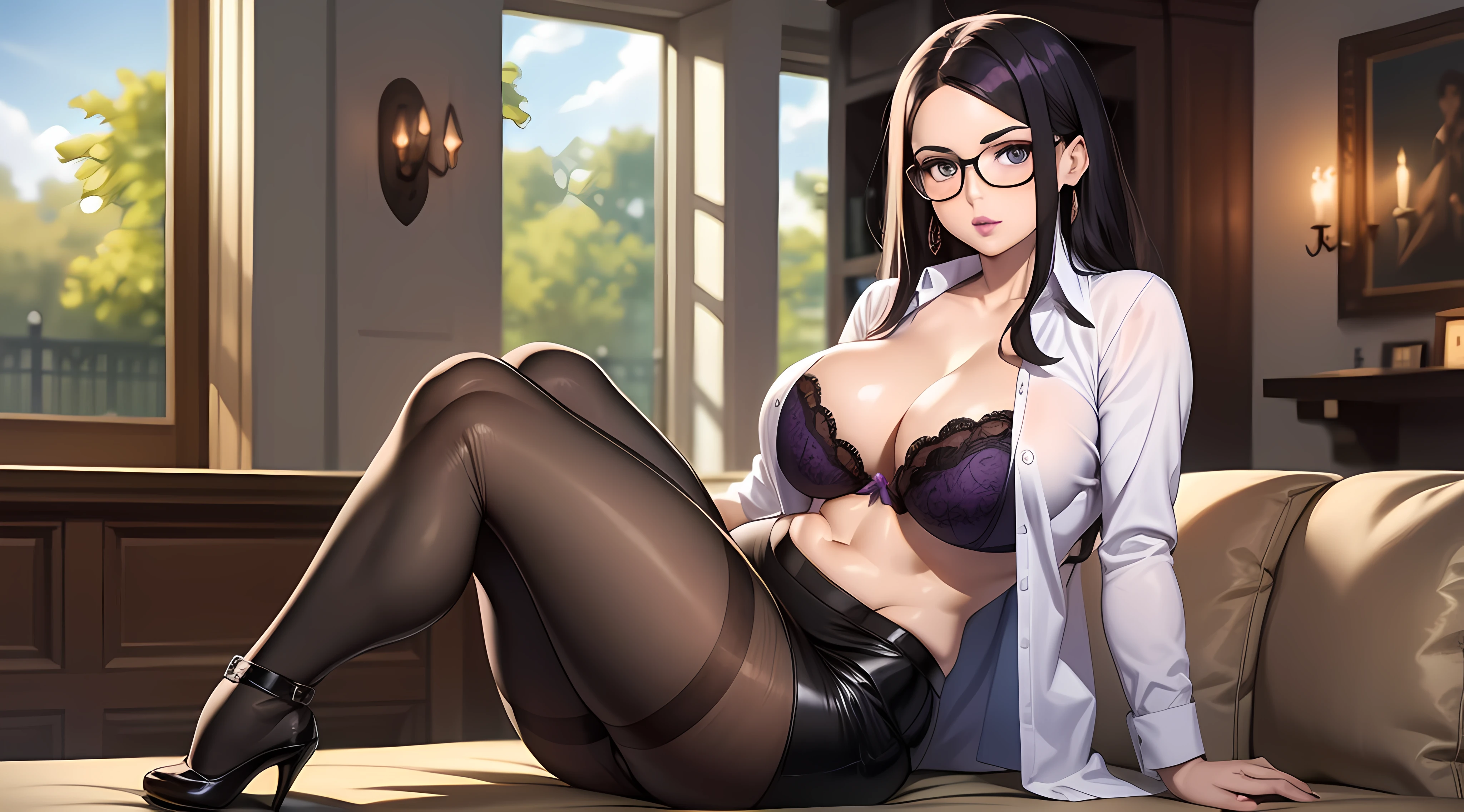 Masterpiece, Best quality, Miss Pauline,Beautiful detailed eyes, Extremely detailed face,Heavy makeup,Glasses, Purple shirt, Open shirt, Black bra, cleavage, Large of breast,pencil skirts, Pantyhose, High heels, view the viewer, arms behind head, Sitting, lounge room