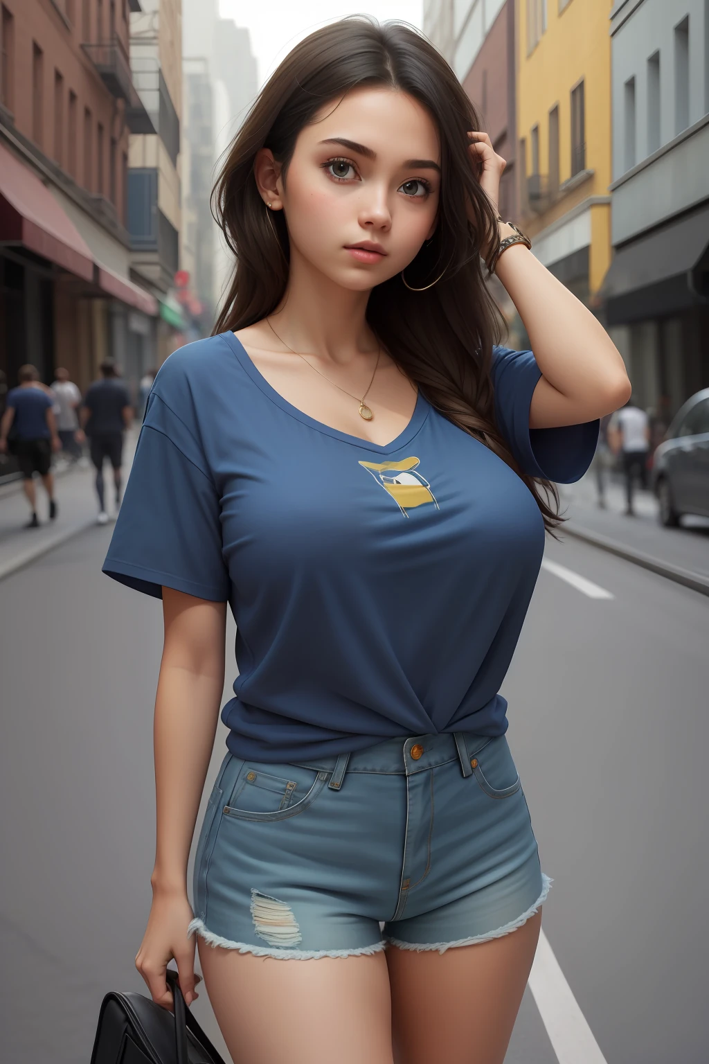 （best qualtiy），big headed，（1 girl with huge breasts：1.3）Wear shorts with a blue T-shirt on the street