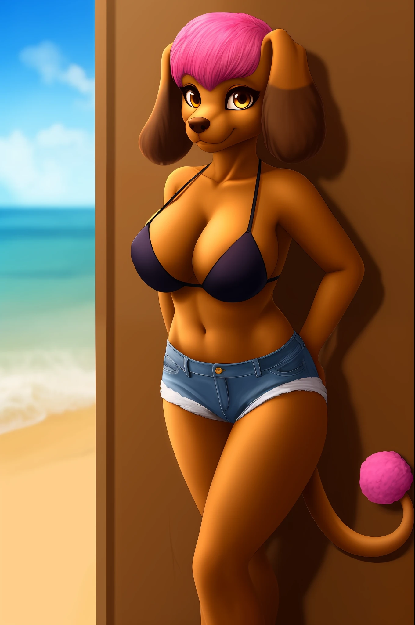 nsfw, 1girl, solo, Frenchie, Standing, green Bikini, Ripped denim Shorts, Looking at viewer, young woman, anthro, canid, canine, domestic dog, mammal, toy poodle, detailed face, detailed fur, snout, anthro, beauty mark, big breasts, biped, pink hair, dark brown ears, floppy ears, ear tuft, blouse, bottom wear, breasts, brown nose, cleavage, clothed, clothing, curvy figure, Beach, stone pathway, Looking at viewer, young anthro, young female, tail, single tail, topwear, tuft, underwear, upskirt, voluptuous, brown body, yellow eyes, clothed, high res, high resolution, masterpiece, best quality,