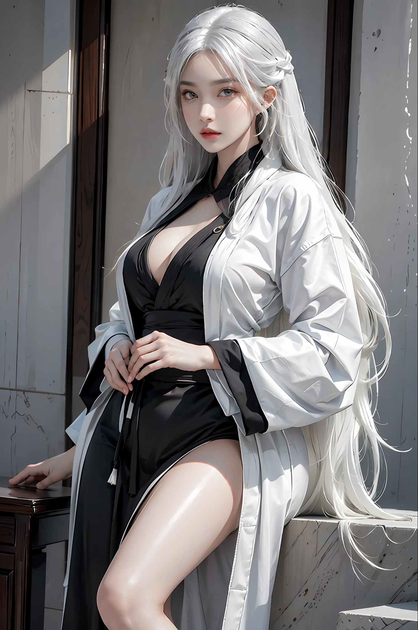 photorealistic, high resolution, 1women, solo, hips up, look at viewer, (detailed face), white hair, long hair, black Taoist robe,oversized clothes