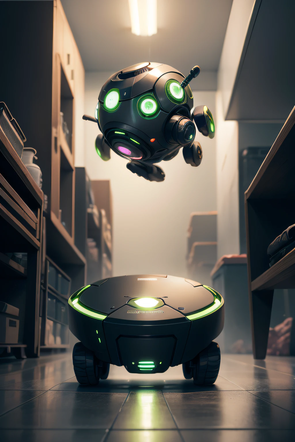"Dynamic Chibi SeaArt: 80% Ugly Roomba, 20% Humanoid Warrior. In an open environment, they embark on an intense cyber battle. Roomba's hideous yet adorable design dominates, as they traverse a perspective path, seemingly fleeing from something. The Roomba warrior swiftly vacuums while facing robotic foes, electrifying atmosphere, stunning effects. Immersive, capturing human-machine dystopian fight. Iconic Roomba color, an epic fusion in motion!"