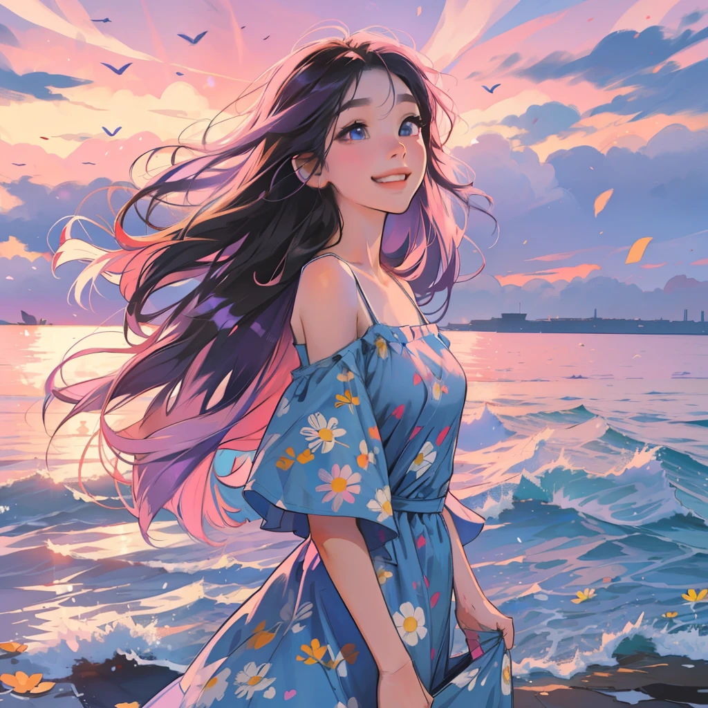 A girl with long hair,Wearing a blue slip dress,There is a small daisy print on the clothes,smiling and looking into the camera。She stood by the sea,The hair is blown by the wind,The background is a pink-purple sky。Please draw this scene in Miyazaki's style。
