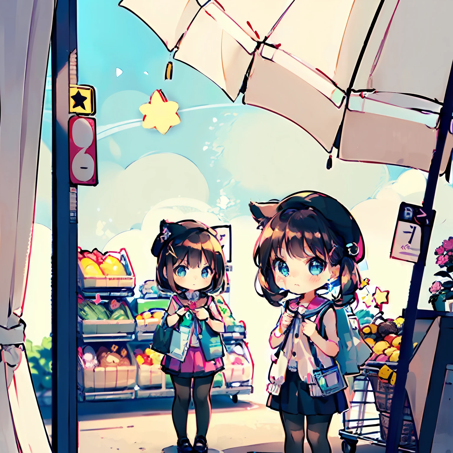 2girls,(Highly detailed CG Unity 8k wallpaper), (Best Quality), (Super Detail), (Best Illustration), (Best Shadow), POV, Realistic lighting and shading, Natural light, Lens flare effect, BREAK, (shopping date:1.2), (supermarket:1.5), (several female customers, paying at cash register) AND,2girls, 1 beautiful girl, Solo,(Cute:1.5),(Chibi:0.8), (kawaii:1.5),(Lori:0.5), BREAK, ((girl, Cute, Cheerful, Loli face, slightly bulging chest,(A dark-haired,Disheveled short bob,tareme:1.2), gleaming skin, Stuffed rabbit,BREAK,(rucksack:1.2), (white shirt,Pink cardigan, :1.2), (White rabbit ear headband:1.0), (Black sneakers:1.0), (jewely, brooches,star-shaped earring:1.1), (beret, X Hair Ornament:1.3), (vertical-striped skirt, striped pantyhose:1.1), (:C),AND,2girls, ding, Natural Light, Lens Flare Effect, BREAK, 1 beautiful girl, solo, (Cute: 1.5), (Chibi: 0. 8), (Kawaii: 1.5), (Loli: 0. 5), BREAK, (( girl), very detailed, colorful, best detail, BREAK, (big tits: 1. 2,), clear skin, beautiful skin, shy, 1 beautiful girl, brown hair, (cat ears, pony tail, medium long hair: 1. 2), (light blue eyes, long eyelashes, double eyelids: 1.2), solo, glowing skin, BREAK, (skirt-by-the-way, mini skirt, black pantyhose: 1.2), (sleeveless, sleeveless shirt, red shirt: 1.2), (star-shaped earrings: 1.1), (lace catsuit: 1.0), (cute accessories: 1. 3), (frowning, thinking: 1.1 ), (standing, slouching:1.3), (purse in right hand, shopping cart hanging from left arm), (frontal angle:1.1)