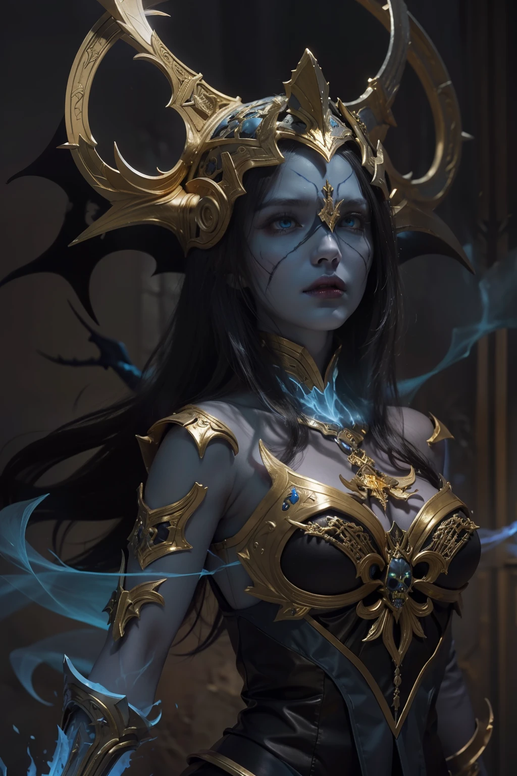 Powerful female necromancer "Diablo 4", Wears a dark gold helmet in the shape of an undead, Has a delicate and seductive face. Immerse yourself in the breath of evil, Emits a blue ethereal flame, Summon an army of skeletons.