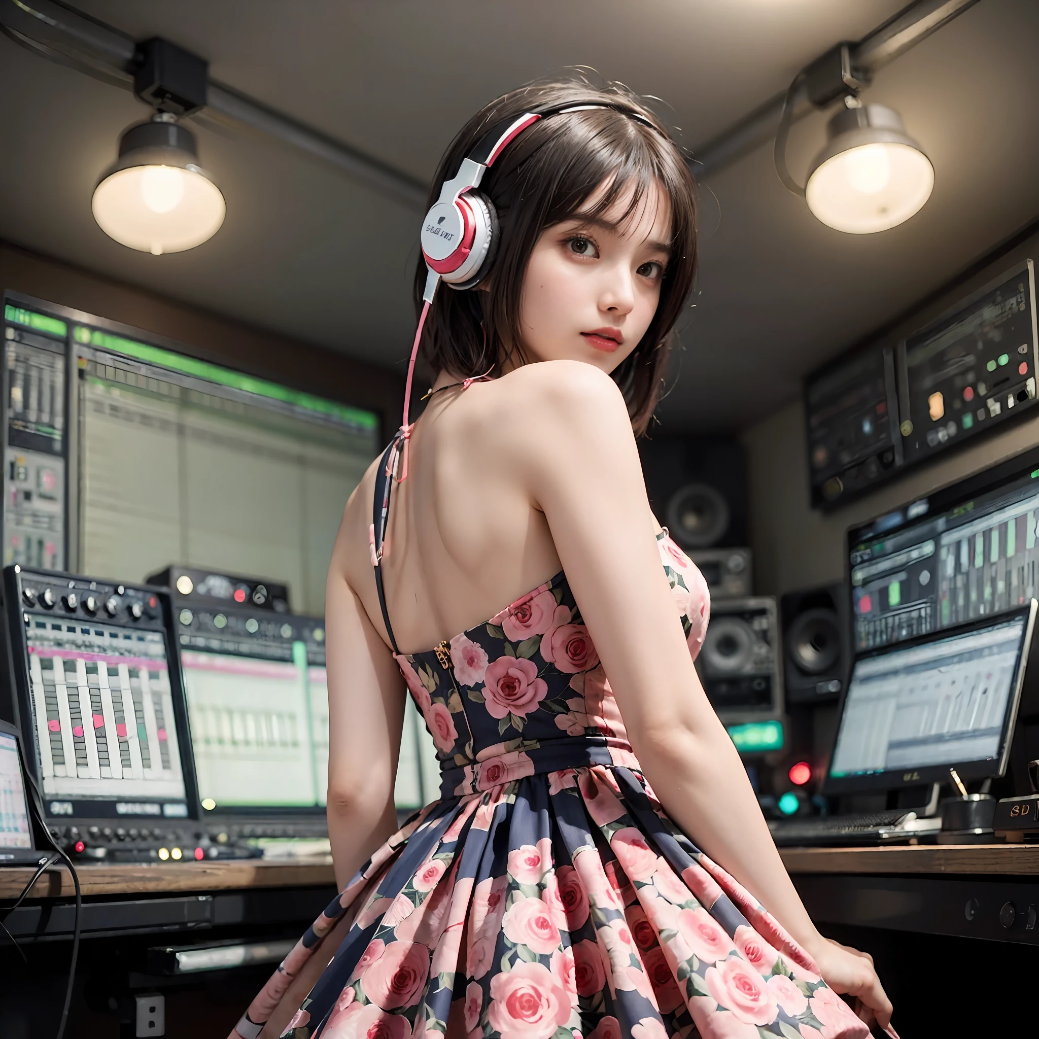 Best Quality, masutepiece, (Photorealistic:2), Ultra High Resolution, Highly detailed, A hyper-realistic, 1girl in, ((Red headphones)), (Longer dress), Floral pattern, colourfull_hair、(((very_Short_hair))), Short hair, Slim body, Full Shot, Looking at Viewer, ((Music Studio)),  Bright atmosphere, spot light, Detailed background