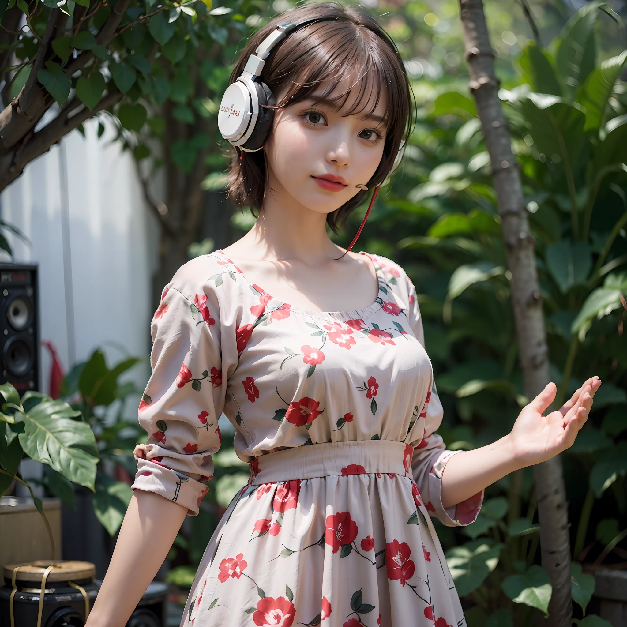 Best Quality, masutepiece, (Photorealistic:2), Ultra High Resolution, Highly detailed, A hyper-realistic, 1girl in, ((Red headphones)), (Longer dress), Floral pattern, colourfull_hair、(((very_Short_hair))), Short hair, Slim body, Full Shot, Looking at Viewer, ((Music Studio)),  Bright atmosphere, spot light, Detailed background