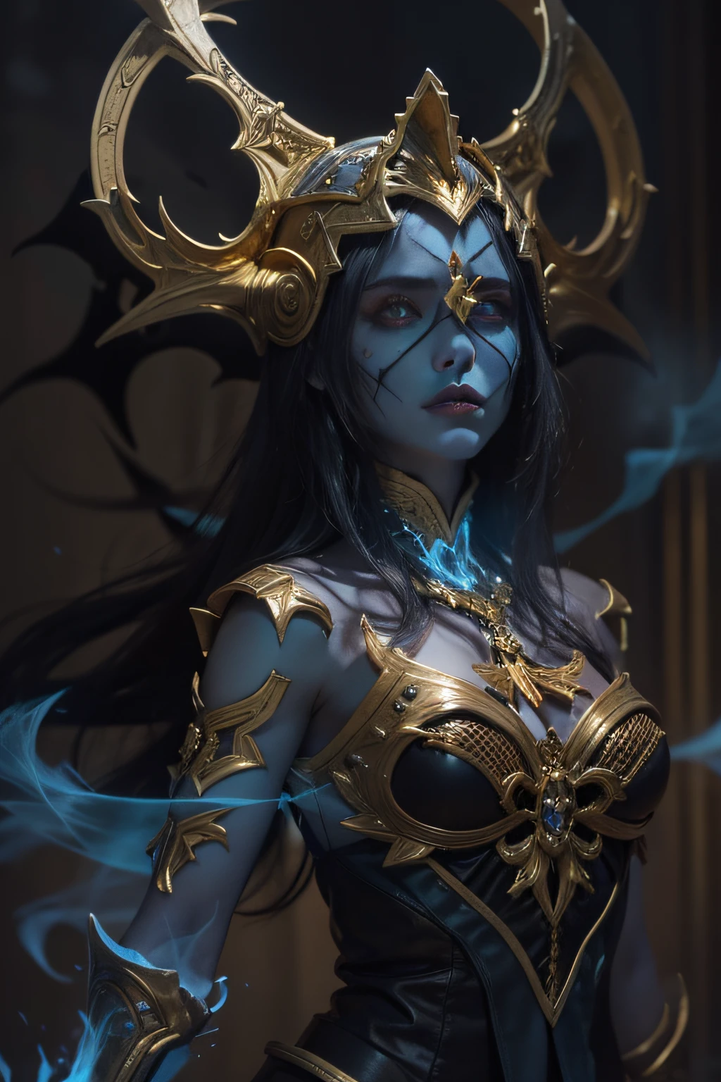 Powerful female necromancer "Diablo 4", Wears a dark gold helmet in the shape of an undead, Has a delicate and seductive face. Immerse yourself in the breath of evil, Emits a blue ethereal flame, Summon an army of skeletons.
