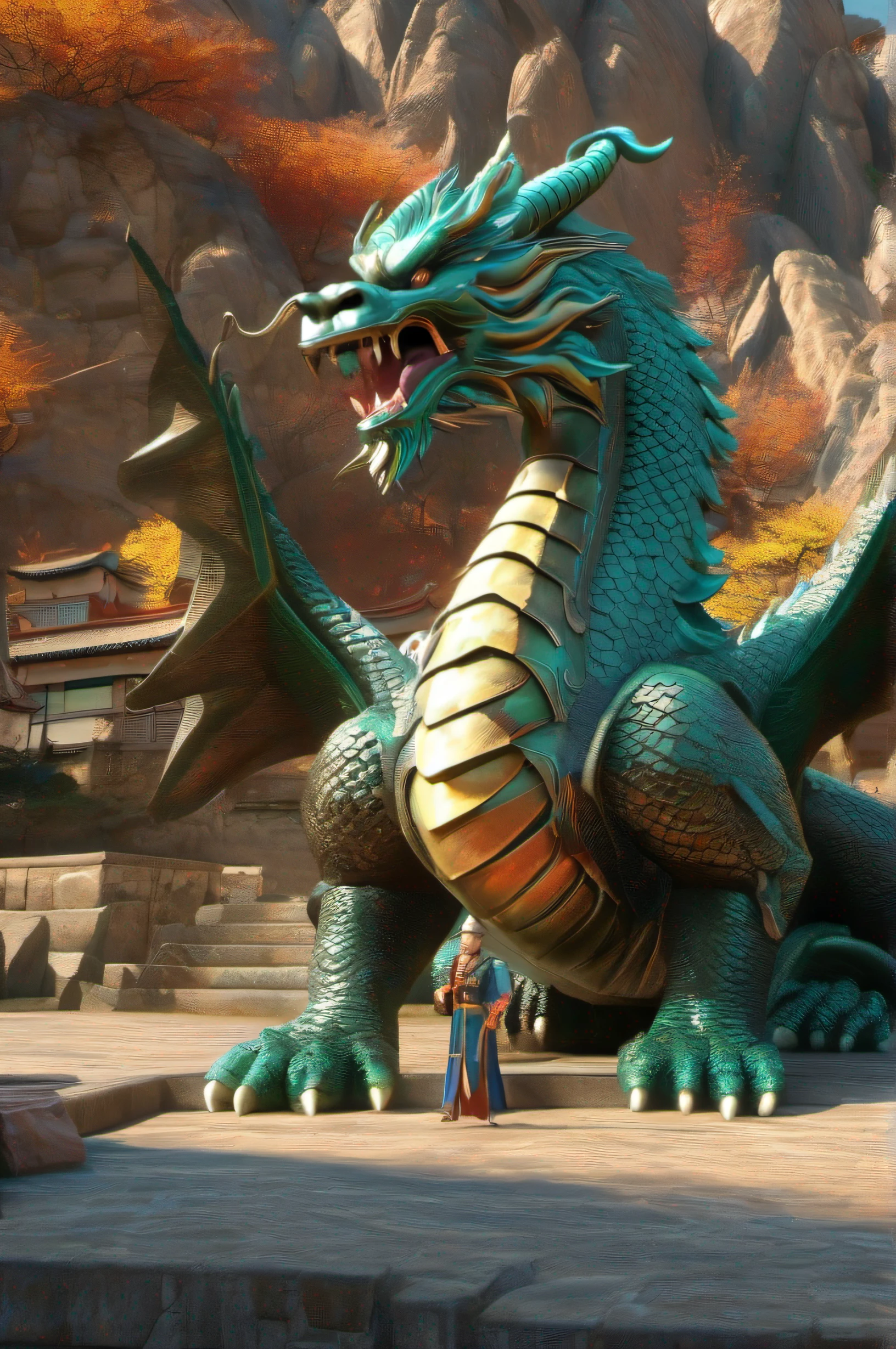 chinesedragon, Majestic and domineering, Standing tall between mountains, dragon slayer, The dragon slayer stands on the dragon's head, Hold dragon horns, Turquoise dragon, 16K Ultra HD, high detal, Dragon scales are obvious, 16k, highres, high details