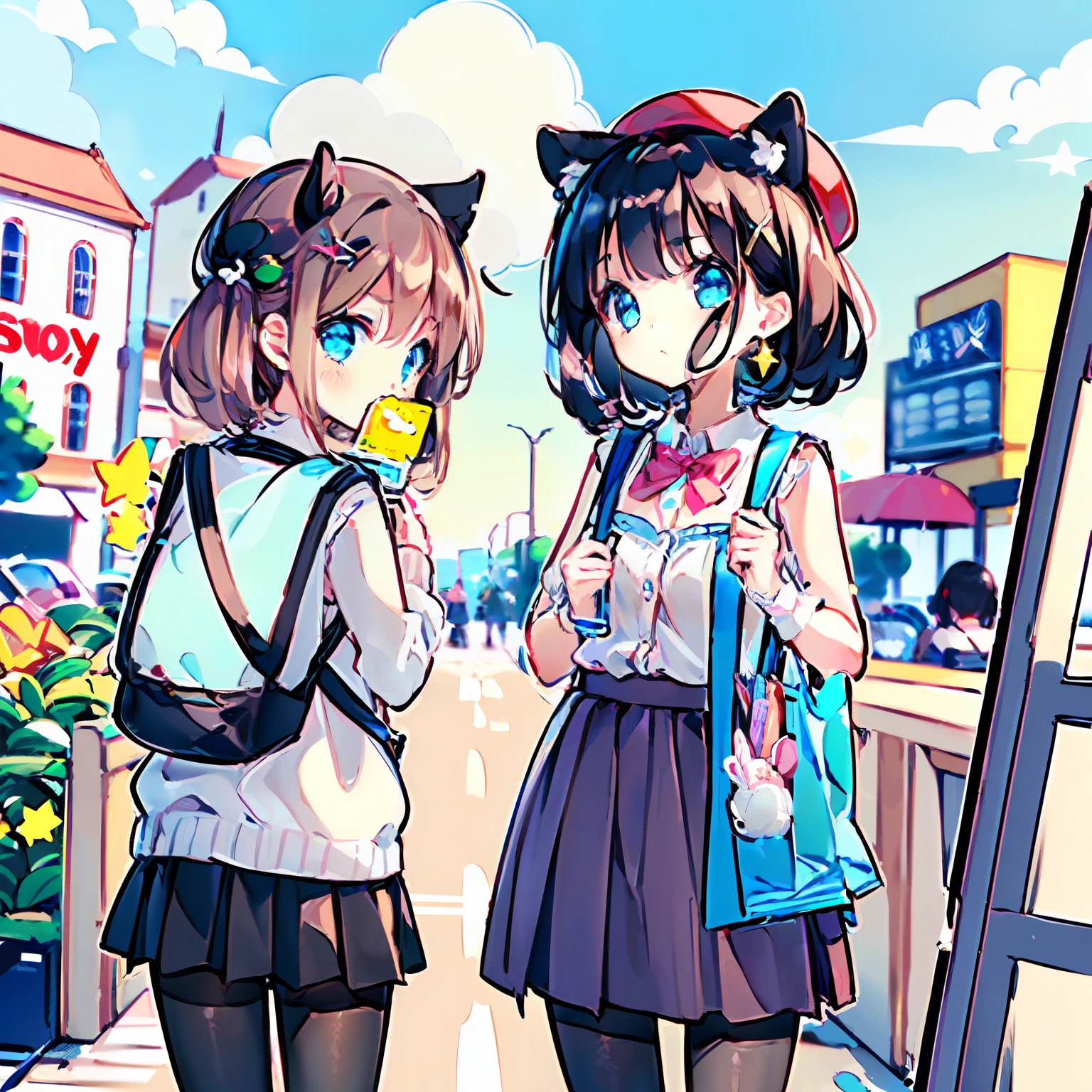 2girls,(Highly detailed CG Unity 8k wallpaper), (Best Quality), (Super Detail), (Best Illustration), (Best Shadow), POV, Realistic lighting and shading, Natural light, Lens flare effect, BREAK, (shopping date:1.2), (supermarket:1.5), (several female customers, paying at cash register) AND,2girls, 1 beautiful girl, Solo,(Cute:1.5),(Chibi:0.8), (kawaii:1.5),(Lori:0.5), BREAK, ((girl, Cute, Cheerful, Loli face, slightly bulging chest,(A dark-haired,Disheveled short bob,tareme:1.2), gleaming skin, Stuffed rabbit,BREAK,(rucksack:1.2), (white shirt,Pink cardigan, :1.2), (White rabbit ear headband:1.0), (Black sneakers:1.0), (jewely, brooches,star-shaped earring:1.1), (beret, X Hair Ornament:1.3), (vertical-striped skirt, striped pantyhose:1.1), (:C),AND,2girls, ding, Natural Light, Lens Flare Effect, BREAK, 1 beautiful girl, solo, (Cute: 1.5), (Chibi: 0. 8), (Kawaii: 1.5), (Loli: 0. 5), BREAK, ((17 year old girl), very detailed, colorful, best detail, BREAK, (big tits: 1. 2,), clear skin, beautiful skin, shy, 1 beautiful girl, brown hair, (cat ears, pony tail, medium long hair: 1. 2), (light blue eyes, long eyelashes, double eyelids: 1.2), solo, glowing skin, BREAK, (skirt-by-the-way, mini skirt, black pantyhose: 1.2), (sleeveless, sleeveless shirt, red shirt: 1.2), (star-shaped earrings: 1.1), (lace catsuit: 1.0), (cute accessories: 1. 3), (frowning, thinking: 1.1 ), (standing, slouching:1.3), (purse in right hand, shopping cart hanging from left arm), (frontal angle:1.1)