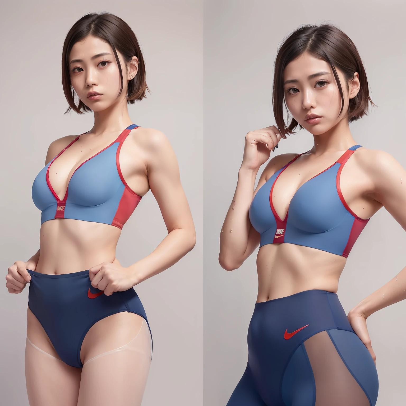 (solo), (a detailed full body RAW photo of a girl), (masterpiece:1.0), (best quality:1.4), (ultra highres:1.2), (photorealistic:1.4), 8k resolution, Canon EOS R5, 50mm, absurdres, ultra detailed, (25year old), japanese athlete sharp focus, cinematic lighting, detailed beautiful face, (no make up:1.2), (ulzzang-6500-v1.1), petite figure, detailed skin texture, flat chest, (skinny and fit body:1.6), detailed brown hair, sweltering,(very short hair:1.5), smiling face, very thin see-through wear, (very small and simple and brihit red and blue nike competition athletic wear:1.5), low rise, (nipple protrusion on see-through sports bra:1.5), realistic glistening skin, (sweating:1.45), detailed nipples texture, (satomi ishihara:1.3), (no bra:1.8), dynamic porse with emphasized the crotch (Crotch streaks and stains),