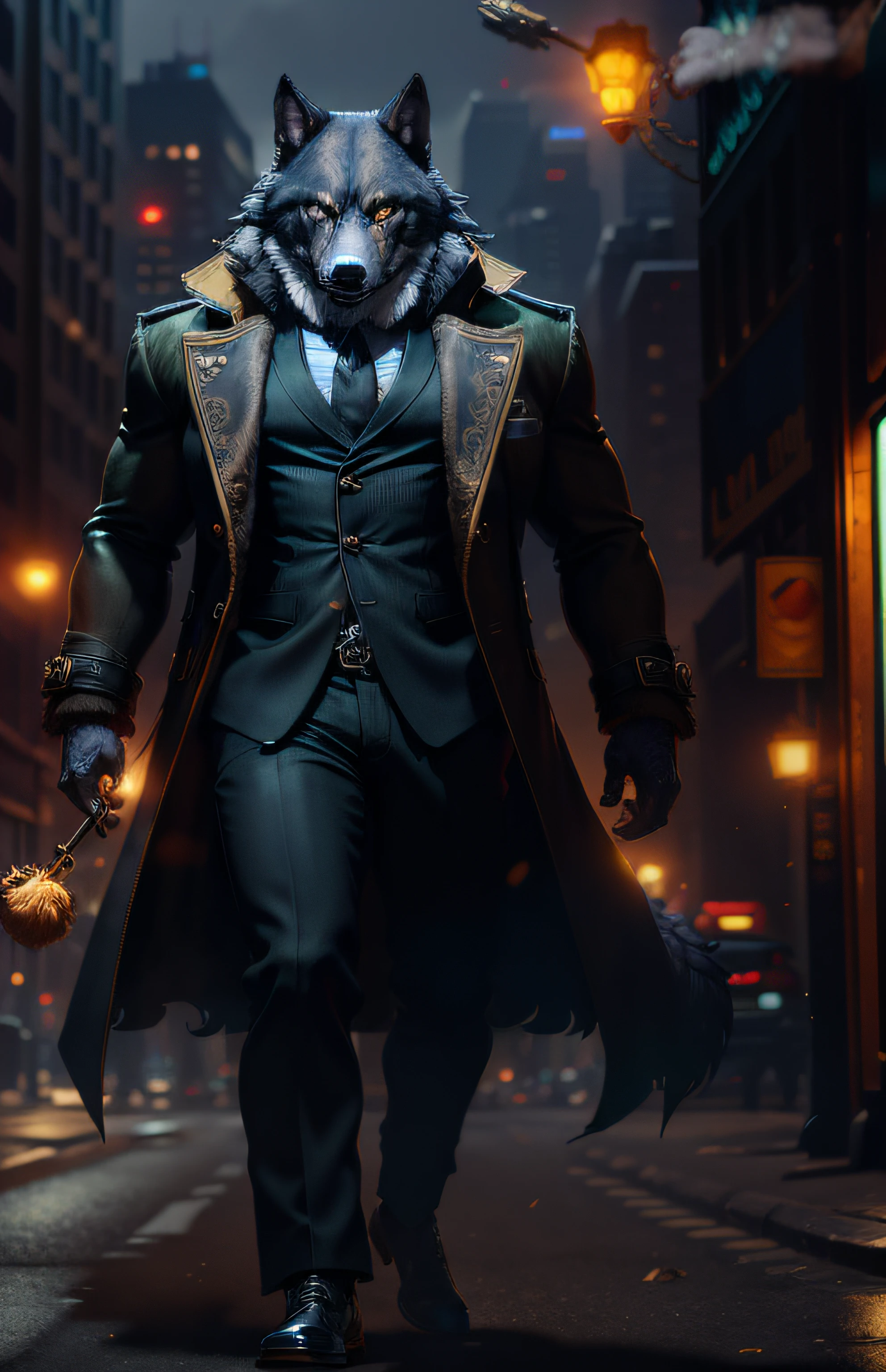 Masterpiece, (Ultra Detailed), (Animal Anthropomorphism), Gangster Theme, Wolf, Handsome, Trench Coat, Dim Lights, Smoke, Shadow, Corrupt Cityscape, Highest Quality, Single Focus, (skimming: 1.1), Muscle Man, Full Body, Intricate (High Detail: 1.1) Unreal Engine.