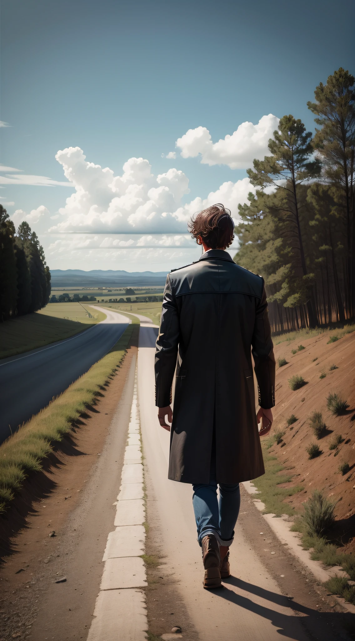 The lonely back of a man,Walk on country roads,Look up at the sky